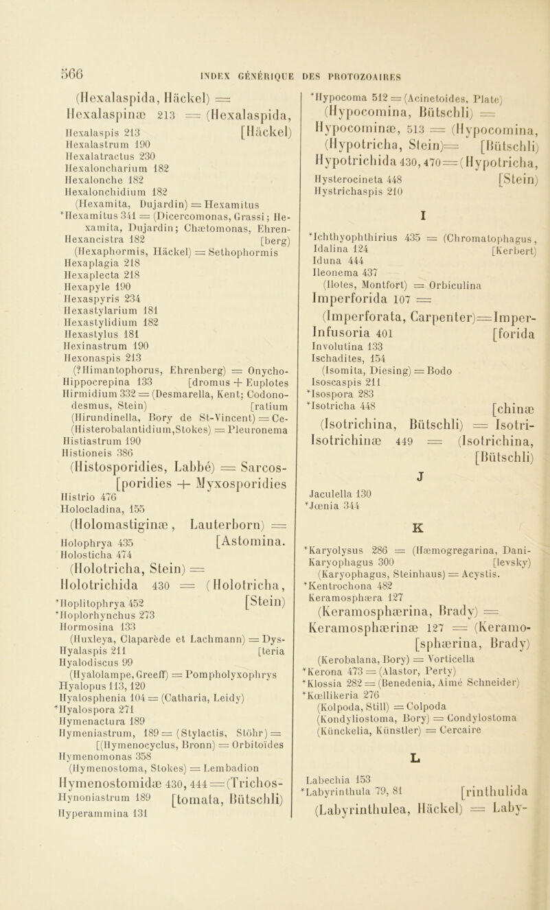 5G6 (Ilexalaspida, Hack el) = Ilexalaspinæ 213 = (Ilexalaspida, llexalaspis 213 [Ilackel) llexalastrum 190 Hexalatractus 230 llexaloncliarium 182 llexalonche 182 llexalonchidium 182 (Hexamita, Dujardin) = Hexamitiis '‘Ilexamitus 341 = (Dicercomonas, Grassi ; Ile- xamita, Dujardin; Chætomonas, Ehren- Ilexancistra 182 [berg) (llexapliormis, Hâckel) = Sethopliormis llexaplagia 218 Ilexaplecta 218 Ilexapyle 190 Ifexaspyris 234 Ilexastylarium 181 Ilexastylidium 182 Ilexastylus 181 Ilexinastrum 190 llexonaspis 213 (?Ilimantophorus, Ehrenberg) = Onycho- Ilippocrepina 133 [dromus + Euplotes Ilirmidium 332 = (Desmarella, Kent; Codono- desmus, Stein) [ralium (Ilirundinella, Bory de St-Vincent) = Ce- (IIisterobalantidiuin,Stokes) = Pleuronema Ilistiastrum 190 llistioneis 386 (Histosporidies, Laltbé) = Sarcos- [poridies H- Myxosporidies llislrio 476 Holocladina, 155 (Ilolomastiginæ, Lauterborn) = llolophrya 435 [Astoinina. Ilolosticlia 474 (Holotricha, Stein) = Ilolotrichida 430 = ( Ilolotricba, ^Iloplitophrya 452 [Stein) ^Iloplorhynchus 273 Ilormosina 133 (Iluxleya, Claparède et Lachmann) = Dys- Ilyalaspis 211 [teria Ilyalodiscus 99 (Ilyalolampe, Greefï) = Pompholyxoplirys Hyalopus 113,120 Ilyalosphenia 104 = (Catharia, Leidy) ^Ilyalospora 271 Jlymenactura 189 Ilymeniastrum, 189 = (Stylactis, Stôhr) = [(llymenocyclus, Bronn) = Orbitoïdes Ilymenomonas 358 (Ilymenostoma, Stokes) = Lembadion Ilymenostomidæ 430, 444 = (Trichos- Hynoniastrum 189 [toniata, Bütscbli) Ilyperammina 131 Dlypocoma 512 = (Acinetoides, Plate) (llypocomina, HiUscbli) = Ilypocoininæ, 513 = (llypocomina, (Ilypotricha, Slein)= [HiUscbli) Hypotrichida 430,470 = (Hypotrictia, Ilysterocineta 448 [Stein) Ilystrichaspis 210 I ‘Ichthyophthirius 435 = (Chromatophagus, Idalina 124 Iduna 444 Ileonema 437 (Ilotes, Montfort) = Orbiculina Imperforida 107 = (Imperforata, Carpenter Infiisoria 40l Involutina 133 Ischadites, 154 (Isomita, Diesing) = Bodo Isoscaspis 211 ^Isospora 283 ^Isotricha 448 (Isotrichina, Bütschli) Isotrichinæ 449 = [Kerbert) Imper- [forida [chinæ --- Isotri- Isotrichina, [Bütschli) J JacLilella 130 ^Jœnia 344 K ^Karyolysus 286 = (llæmogregarina, Dani- Karyopliagus 300 [levsky) (Karyophagus, Steinhaus) = Acystis. ^Kentrochona 482 Keramosphæra 127 (Keramosphærina, Hrady) = Kerainosphærinæ 127 = (Keramo- [spbærina, Brady) (Kerobalana, Bory) = Vorticella ^Kerona 473 = (Alastor, Perty) ^Klossia 282 = (Benedenia, Aimé Schneider) ^Kœllikeria 276 (Kolpoda, Still) =Colpoda (Kondyliostoma, Bory) = Gondylostoma (Künckelia, Künstler) = Oercaire L Labechia 153 ^Labyrinthula 79, 81 [rintllLllida (Labyrinthulea, Ilackel) = Laby-