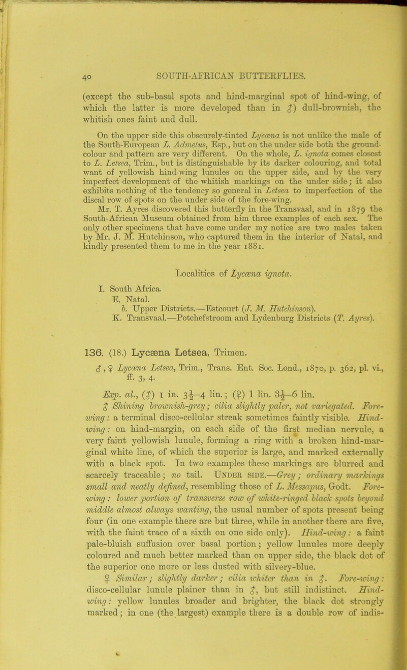 (except the sub-basal spots and hind-marginal spot of hind-wing, of which the latter is more developed than in £) dull-brownish, the whitish ones faint and dull. On the upper side this obscurely-tinted Lyccena is not unlike the male of the South-European L. Admetus, Esp., but on the under side both the ground- colour and pattern are very different. On the whole, L. ignota comes closest to L. Letsea, Trim., but is distinguishable by its darker colouring, and total want of yellowish bind-wing lunules on the upper side, and by the very imperfect development of the whitish markings on the under side; it also exhibits nothing of the tendency so general in Letsea to imperfection of the discal row of spots on the under side of the fore-wing. Mr. T. Ayres discovered this butterfly in the Transvaal, and in 1879 the South-African Museum obtained from him three examples of each sex. The only other specimens that have come under my notice are two males taken by Mr. J. M. Hutchinson, who captured them in the interior of Natal, and kindly presented them to me in the year 1881. Localities of Lyccena ignota. I. South Africa. E. Natal. b. Upper Districts.—Estcourt (J. M. Hutchinson). K. Transvaal.—Potchefstroom and Lydenburg Districts (T. Ayres). 136. (18.) Lycsena Letsea, Trimen. $, $ Lyccena Letsea, Trim., Trans. Ent. Soc. Lond., 1870, p. 362, pi. vi., 3, 4- Exp. al., ($) I in. 3-^—4 lin.; (£) 1 lin. 3-|-6 lin. $ Shining brownish-grey; cilia slightly paler, not variegated. Fore- wing : a terminal disco-cellular streak sometimes faintly visible. Hind- wing : on hind-margin, on each side of the first median nervule, a very faint yellowish lunule, forming a ring with a broken liind-mar- ginal white line, of which the superior is large, and marked externally with a black spot. In two examples these markings are blurred and scarcely traceable; no tail. Under side.—Ercy; ordinary markings small and neatly defined, resembling those of L. Messapus, Godt. Fore- wing : lower portion of transverse row of white-ringed black spots beyond middle almost always wanting, the usual number of spots present being four (in one example there are but three, while in another there are five, with the faint trace of a sixth on one side only). Hind-wing: a faint pale-bluish suffusion over basal portion; yellow lunules more deeply coloured and much better marked than on upper side, the black dot of the superior one more or less dusted with silvery-blue. $ Similar; slightly darker; cilia whiter than in f. Fore-wing: disco-cellular lunule plainer than in f, but still indistinct. Hind- wing : yellow lunules broader and brighter, the black dot strongly marked; in one (the largest) example there is a double row of indis-