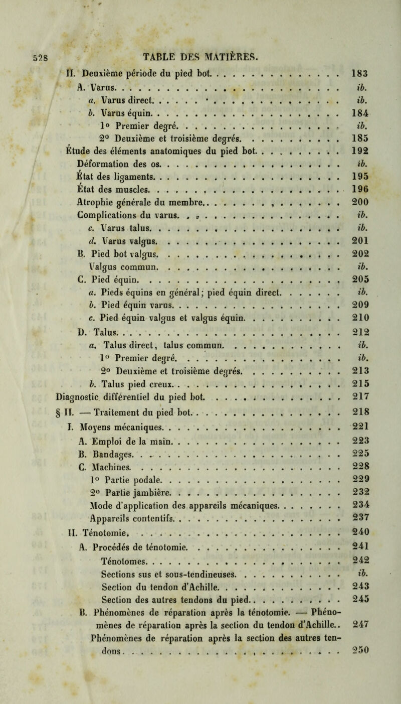 II. Deuxième période du pied bot 183 A. Varus ib. a. Varus direct * ib. b. Varus équin 184 1° Premier degré ib. 2° Deuxième et troisième degrés 185 Etude des éléments anatomiques du pied bot 192 Déformation des os ib. État des ligaments. 195 Etat des muscles , 196 Atrophie générale du membre 200 Complications du varus. , » ib. c. Varus talus ib. d. Varus valgus 201 B. Pied bot valgus f . 202 Valgus commun ib. C. Pied équin 205 a. Pieds équins en général ; pied équin direct ib. b. Pied équin varus 209 c. Pied équin valgus et valgus équin 210 D. Talus 212 a. Talus direct, talus commun ib. 1° Premier degré . ib. 2° Deuxième et troisième degrés 213 b. Talus pied creux 215 Diagnostic différentiel du pied bot 217 § II. — Traitement du pied bot 218 I. Moyens mécaniques 221 A. Emploi de la main 223 B. Bandages. . - 225 C. Machines 228 1° Partie podale 229 2° Partie jambière 232 Mode d’application des appareils mécaniques 234 Appareils contentifs 237 II. Ténotomie 240 A. Procédés de ténotomie 241 Ténolomes 242 Sections sus et sous-tendineuses ib. Section du tendon d’Achille 243 Section des autres tendons du pied 245 B. Phénomènes de réparation après la ténotomie. — Phéno- mènes de réparation après la section du tendon d’Achille.. 247 Phénomènes de réparation après la section des autres ten- dons .......... 250