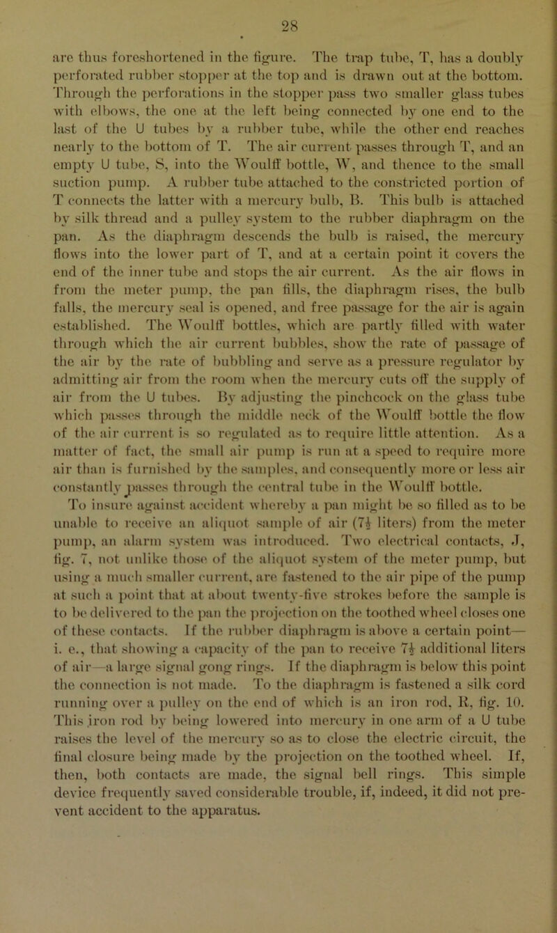 are thus foreshortened in the figure. The trap tube, T, has a doubly perforated rubber stopper at the top and is drawn out at the bottom. Through the perforations in the stopper pass two smaller glass tubes with elbows, the one at the left being connected by one end to the last of the U tubes by a rubber tube, while the other end reaches nearly to the bottom of T. The air current passes through T, and an empt}1, U tube, S, into the Would' bottle, W, and thence to the small suction pump. A rubber tube attached to the constricted portion of T connects the latter with a mercury bulb, B. This bulb is attached bv silk thread and a pulley system to the rubber diaphragm on the pan. As the diaphragm descends the bulb is raised, the mercury Hows into the lower part of T, and at a certain point it covers the end of the inner tube and stops the air current. As the air dows in from the meter pump, the pan dlls, the diaphragm rises, the bulb falls, the mercury seal is opened, and free passage for the air is again established. The Would bottles, which are partly tilled with water through which the air current bubbles, show the rate of passage of the air by the rate of bubbling and serve as a pressure regulator by admitting air from the room when the mercury cuts off the supply of air from the U tubes. By adjusting the pinchcock on the glass tube which passes through the middle neck of the Would' bottle the How of the air current is so regulated as to require little attention. As a matter of fact, the small air pump is run at a speed to require more air than is furnished by the samples, and consequently more or less air constantly passes through the central tube in the Would' bottle. To insure against accident whereby a pan might be so filled as to be unable to receive an aliquot sample of air (7A liters) from the meter pump, an alarm system was introduced. Two electrical contacts, J, bg. 7, not unlike those of the aliquot system of the meter pump, but using a much smaller current, are fastened to the air pipe of the pump at such a point that at about twenty-dve strokes before the sample is to be delivered to the pan the projection on the toothed wheel closes one of these contacts. If the rubber diaphragm is above a certain point— i. e., that showing a capacity of the pan to receive 7£ additional liters of air—a large signal gong rings. If the diaphragm is below this point the connection is not made. To the diaphragm is fastened a silk cord running over a pulley on the end of which is an iron rod. R, bg. 10. This .iron rod by being lowered into mercury in one arm of a U tube raises the level of the mercury so as to close the electric circuit, the hnal closure being made by the projection on the toothed wheel. If, then, both contacts are made, the signal bell rings. This simple device frequently saved considerable trouble, if, indeed, it did not pre- vent accident to the apparatus.