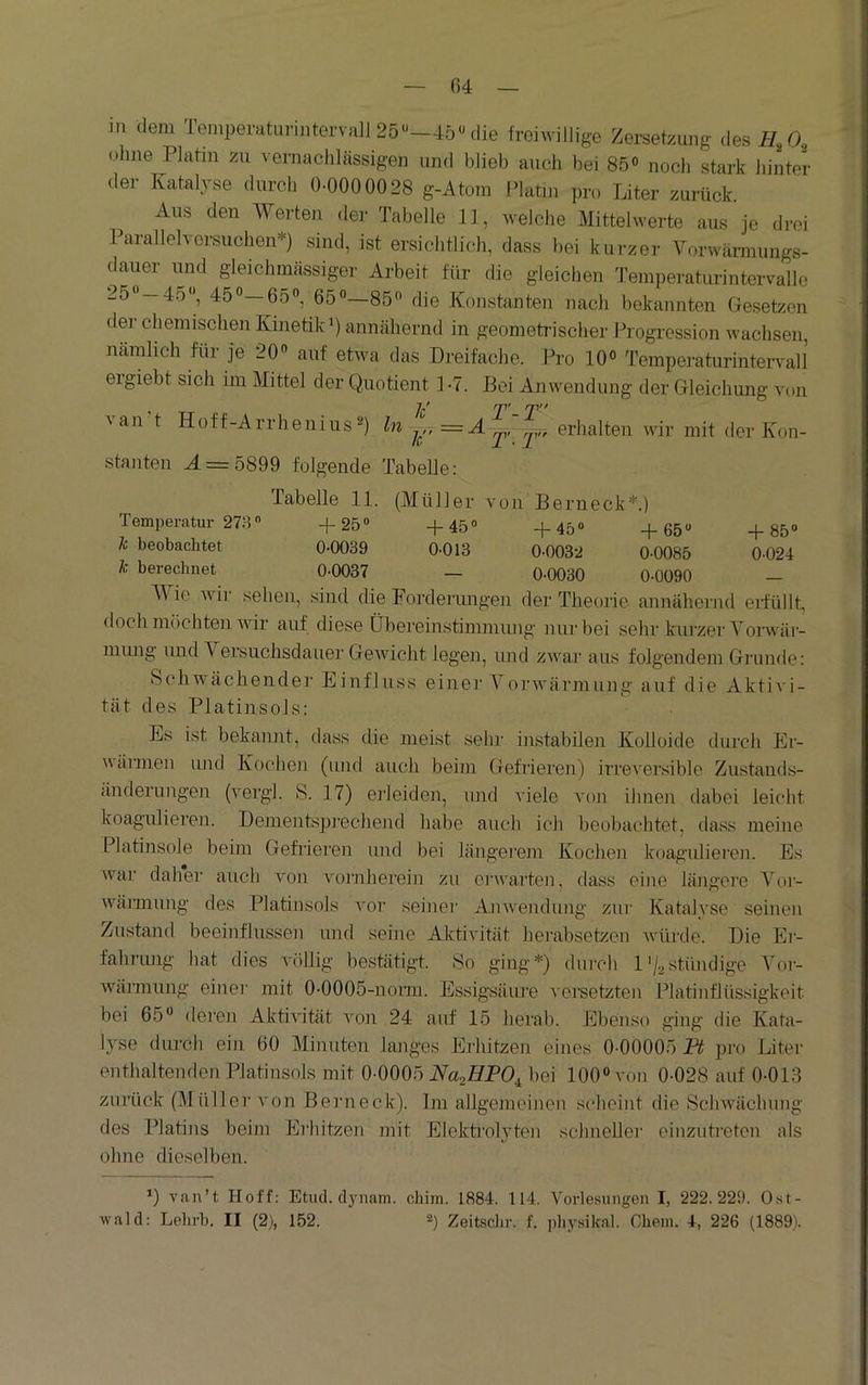 04 in dem Temperaturiiiterval] 25‘*-45«die freiwillige Zerseteung des ohne Platin zu vernachlässigen und blieb auch bei 85° noch stark hinter der Katalyse durch 0-0000028 g-Atoin Platin pro Liter zurück. Aus den Werten der Tabelle 11, welche Mittelwerte aus je drei Parallelversuchen*) sind, ist ersichtlich, dass bei kurzer Vorwärinungs- dauer und gleich massiger Arbeit für die gleichen Temperaturintervalle 25«-45, 450-650, 65«-85<> die Konstanten nach bekannten Gesetzen der chemischen Kinetik’) annähernd in geometrischer Progression wachsen, nämlich für je 20« auf etwa das Dreifache. Pro lOo Temperaturinten-all eigiebt sich im Mittel der Quotient 1-7. Bei Anwendung der Gleichung von A an t Hoff-Arrhenius 2) ln ,,=A , erhalten wir mit der Kon- stanten M=5899 folgende Tabelle: Tabelle 11. (Müller von Berneck*.) Temperatur 27.S +25» +45® +45» +65» +85» k beobachtet 0-0039 0-013 0-0032 0-0085 0-024 k bereclinet 0-0037 — 0-0030 0-0090 — M ic wii' sehen, sind die Forderungen der Theorie annähernd erfüllt, doch möchten wir auf diese Übereinstimmung nur bei sehr kurzer Yorwär- mtmg und Versuchsdauer Getvicht legen, und zwar aus folgendem Grunde: Schwächender Einfluss einer Vorwärmung auf die Aktivi- tät des Platinsols: Es ist bekannt, dass die meist sehr instabilen Kolloide durch Er- wännen und Kochen (und auch beim Gefrieren) irrever.sible Zustauds- änderungen (vergl. S. 17) erleiden, imd viele von ihnen dabei leicht koagulieren. Dementsprechend habe auch ich beobachtet, dass meine Platinsole beim Gefrieren und bei längerem Kochen koagulieiun. Es war daher auch von vornherein zu erwarten, dass eine längere Vor- wärmung des Platinsols vor seiner Anwendung zur Katalyse seinen Zustand beeinflussen und seine Aktivität herabsetzen würde. Die Er- fahrimg hat dies völlig bestätigt. 8o ging*) durch 1'/..stündige Vor- wärmung einer mit 0-0005-norm. Essigsäure versetzten Platinflüssigkeit bei 65” deren Aktivität von 24 auf 15 herab. Ebenso ging die Kata- lyse durch ein 60 Minuten langes Erhitzen eines 0-00005 Ft pro Liter enthaltenden Platinsols mit QMOhNa^HFO^ bei 100® von 0-028 auf 0-013 zurück (Müller von Beimeck). Ln allgemeinen scheint die Schwächung des Platins beim Erhitzen mit Elekti'olyten schneller oinzutreten als ohne dieselben. ’) van’t Hoff: Etiid. dynam. chim. 1884. 114. Vorlesungen I, 222.229. Ost-