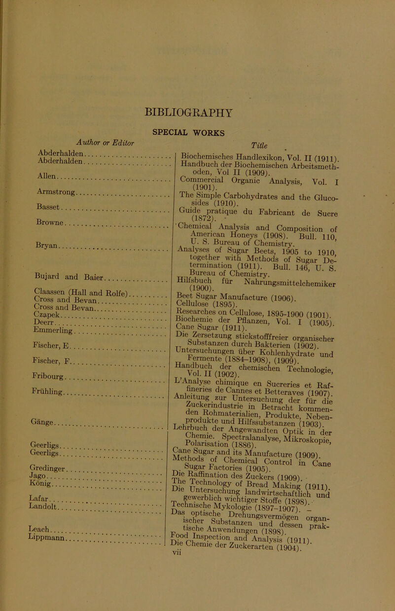 BIBLIOGRAPHY SPECIAL WORKS Author or Editor Abderhalden Abderhalden Allen Armstrong Basset Browne Bryan Bujard and Baier Claassen (Hall and Rolfe) Cross and Bevan Cross and Bevan Czapek Deerr Emmerling ’' ’ ’ ] Fischer, E Fischer, F Fribourg Friihling Gange Geerligs.. Geerligs.. Gredinger Jago Konig Lafar. ... Landolt.. Leach Lippmann Title Biochemisches Handlexikon, Vol. II (1911). Handbuch der Biochemischen Arbeitsmeth- oden, Vol II (1909). Commercial Organic Analysis, Vol. I The Simple Carbohydrates and the Gluco- sides (1910). Guide pratique du Fabricant de Sucre (1872). Chemical Analysis and Composition of American Honeys (1908). Bull. 110, U. S. Bureau of Chemistry. Analyses of Sugar Beets, 1905 to 1910 together with Methods of Sugar De- termination (1911). Bull. 146, U S Bureau of Chemistry. Hilf(H)00) ^ Nalirungsmittelchemiker Beet Sugar Manufacture (1906) Cellulose (1895). Researches on Cellulose, 1895-1900 (1901) Biochemie der Pflanzen, Vol. I (1905) Cane Sugar (1911). u A Dm Zersetzung stickstofffreier organischer Substanzen durch Bakterien (1902) Untersuchungen fiber Kohlenhydrate und Fermente (1884-1908), (1909). Ha VoiUlf (1902) ChemisCheQ Techn°logie, L’AnaJyse chimique en Sucreries et Raf- neries de Cannes et Betteraves (1907) Anleitung zur Untersuchung der fur die denkRnhC USttri? i-n Betracht kommen- clen Rohmatenahen, Produkte, Neben- LehrhneW? Hllfssubstanzen (1903). Lehibuch der Angewandten Optik in der Cane Sugar and its Manufacture (1909) i,°dS v Ph-emical Control in Cane tw SDglr Factories (1905). Die Raffination des Zuckers (1909). fY technology of Bread Making (1911) ^<lintKrrUiChun? landwirtschaftlich und Ylchtiger Stoffe (1898) Techmsche Mykologie (1897-1907) 1 Ischer^Sub Prdlungsv™>gen organ- lscner Substanzen und dessen nrak tische Anwendungen (1898). P nPruP.eetion and Analysis (1911) Die Chemie der Zuckerarten (1904) Vll ''