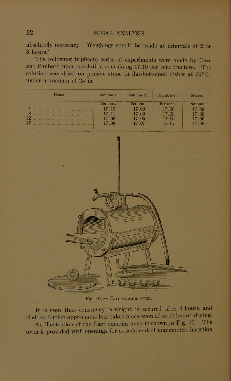 absolutely necessary. Weighings should be made at intervals of 2 or 3 hours.” The following triplicate series of experiments were made by Carr and Sanborn upon a solution containing 17.10 per cent fructose. The solution was dried on pumice stone in flat-bottomed dishes at 70° C. under a vacuum of 25 in. Hours. Number 1. Number 2. Number 3. Means. Per cent. Per cent. Per cent. Per cent. 4 17.12 17.09 17.06 17.09 8 17.11 17.09 17.08 17.09 12 17.06 17.05 17.06 17.06 17 17.09 17.07 17.07 17.08 Fig. 10. — Carr vacuum oven. It is seen that constancy in weight is secured after 4 hours, and that no further appreciable loss takes place even after 17 hours drying. An illustration of the Carr vacuum oven is shown in Fig. 10. The oven is provided with openings for attachment of manometer, insertion