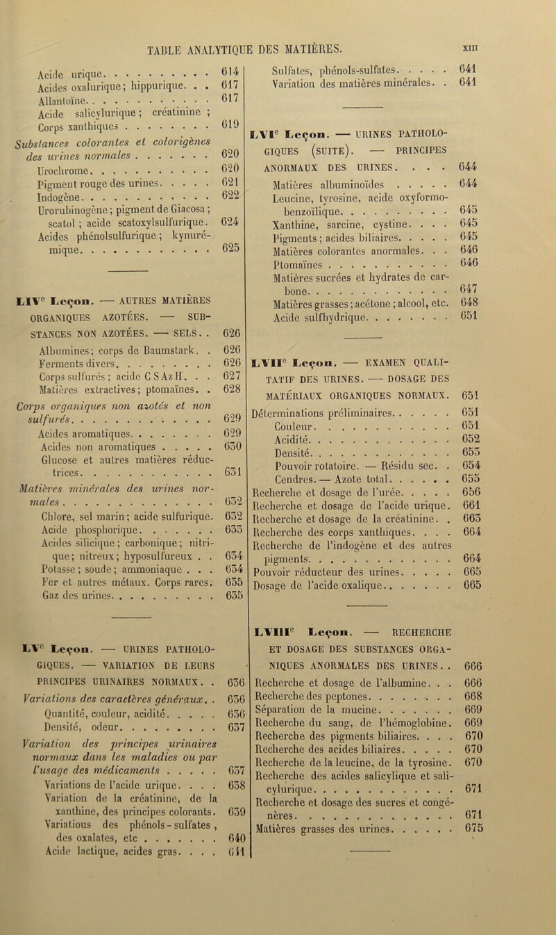 Acide urique U14 Acides oxalurique; hippurique. . . 617 Allantoïne • 617 Acide salicylurique ; créatinine ; Corps xanthiques 619 Substances colorantes et colorigènes des urines normales 620 Urochrome 620 Pigment rouge des urines 621 Indogène 622 Urorubinogène ; pigment de Giacosa ; scatol ; acide scatoxylsulfurique. 624 Acides phénolsulfurique ; kynuré- mique 625 L,IVe Leçon. AUTRES MATIÈRES ORGANIQUES AZOTÉES. — SUB- STANCES NON AZOTÉES. SELS. . 626 Albumines; corps de Baumstark. . 626 Ferments divers 626 Corps sulfurés ; acideCSAzH. . . 627 Matières extractives; ptomaïnes. . 628 Corps organiques non azotes et non sulfurés 629 Acides aromatiques 629 Acides non aromatiques 630 Glucose et autres matières réduc- trices 631 Matières minérales des urines nor- males 652 Chlore, sel marin ; acide sulfurique. 632 Acide phospborique. 633 Acides silicique ; carbonique; nitri- que; nitreux; hyposulfureux . . 654 Potasse ; soude ; ammoniaque . . . 634 Fer et autres métaux. Corps rares. 635 Gaz des urines 635 Sulfates, phénols-sulfates 041 Variation des matières minérales. . 641 LVIe Leçon. — URINES PATHOLO- GIQUES (SUITE). PRINCIPES ANORMAUX DES URINES. . . . 644 Matières albuminoïdes 644 Leucine, tyrosine, acide oxyformo- benzoïlique 645 Xanthine, sarcine, eystine. . . . 645 Pigments ; acides biliaires 645 Matières colorantes anormales. . . 646 Ptomaïnes 646 Matières sucrées et hydrates de car- bone 647 Matières grasses ; acétone ; alcool, etc. 048 Acide suif hydrique 651 LVIIe Leçon. EXAMEN QUALI- TATIF DES URINES. DOSAGE DES MATÉRIAUX ORGANIQUES NORMAUX. 651 Déterminations préliminaires 651 Couleur 651 Acidité 652 Densité 655 Pouvoir rotatoire. —Résidu sec. . 654 Cendres.— Azote total 655 Recherche et dosage de l’urée 656 Recherche et dosage de l’acide urique. 661 Recherche et dosage de la créatinine. . 665 Recherche des corps xanthiques. . . . 664 Recherche de l’indogène et des autres pigments 664 Pouvoir réducteur des urines 665 Dosage de l’acide oxalique 665 L\rc Leçon. — URINES PATHOLO- GIQUES. VARIATION DE LEURS PRINCIPES URINAIRES NORMAUX. . 636 Variations des caractères généraux. . 656 Quantité, couleur, acidité 656 Densité, odeur 637 Variation des principes urinaires normaux dans les maladies ou par l'usage des médicaments 657 Variations de l’acide urique.... 658 Variation de la créatinine, de la xanthine, des principes colorants. 639 Variatious des phénols - sulfates , des oxalates, etc 640 Acide lactique, acides gras. . . . 6il LVI1I0 Leçon. — RECHERCHE ET DOSAGE DES SUBSTANCES ORGA- NIQUES ANORMALES DES URINES.. 666 Recherche et dosage de l’albumine. . . 666 Recherche des peptones 668 Séparation de la mucine 669 Recherche du sang, de l’hémoglobine. 669 Recherche des pigments biliaires. . . . 670 Recherche des acides biliaires 670 Recherche de la leucine, de la tyrosine. 670 Recherche des acides salicylique et sali- cylurique 671 Recherche et dosage des sucres et congé- nères 671 Matières grasses des urines 675
