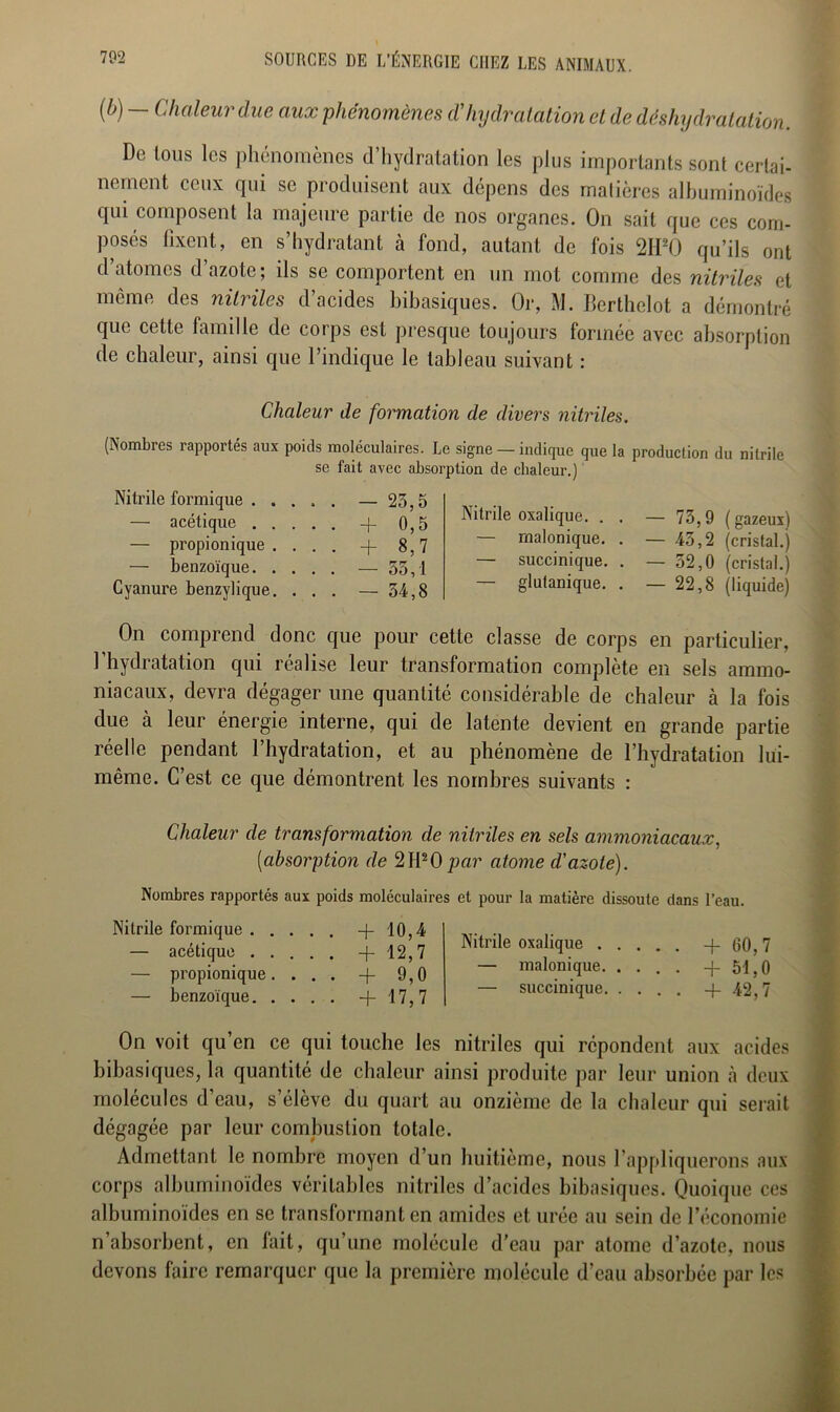 (b) — Chaleur due aux 'phénomènes d'hydratation et de déshydratation. De tous les phénomènes d’hydratation les plus importants sont certai- nement ceux qui se produisent aux dépens des malières albuminoïdes qui composent la majeure partie de nos organes. On sait que ces com- posés fixent, en s’hydratant à fond, autant de fois 2H20 qu’ils ont d atomes d azote; ds se comportent en un mot comme des nitrites et même des nitrites d’acides bibasiques. Or, M. Berthelot a démontré que cette famille de corps est presque toujours formée avec absorption de chaleur, ainsi que l’indique le tableau suivant : Chaleur de formation de divers nitrites. (Nombres rapportés aux poids moléculaires. Le signe — indique que la production du nilrile se fait avec absorption de chaleur.) Nitrile formique — 23,5 — acétique + 0,5 — propionique .... + 8,7 — benzoïque — 55,1 Cyanure benzylique. . . . — 54,8 Nilrile oxalique. . . — 75,9 (gazeux) — rnalonique. . — 43,2 (cristal.) — succinique. . — 52,0 (cristal.) — glutanique. . — 22,8 (liquide) On comprend donc que pour cette classe de corps en particulier, l’hydratation qui réalise leur transformation complète en sels ammo- niacaux, devra dégager une quantité considérable de chaleur à la fois due à leur énergie interne, qui de latente devient en grande partie réelle pendant l’hydratation, et au phénomène de l’hydratation lui- même. C’est ce que démontrent les nombres suivants : Chaleur de transformation de nitrites en sels ammoniacaux, [absorption de 2 H2 O par atome d'azote). Nombres rapportés aux poids moléculaires et pour la matière dissoute dans l’eau. Nilrile formique -f 10,4 — acétique +12,7 — propionique. ... + 9,0 — benzoïque +17,7 Nitrile oxalique + 60, 7 — rnalonique. .... +51,0 — succinique -+ 42,7 On voit qu’en ce qui touche les nitriles qui répondent aux acides bibasiques, la quantité de chaleur ainsi produite par leur union à deux molécules d’eau, s’élève du quart au onzième de la chaleur qui serait dégagée par leur combustion totale. Admettant le nombre moyen d’un huitième, nous l’appliquerons aux corps albuminoïdes véritables nitriles d’acides bibasiques. Quoique ces albuminoïdes en se transformant en amides et urée au sein de l’économie n’absorbent, en fait, qu’une molécule d’eau par atome d’azote, nous devons faire remarquer que la première molécule d’eau absorbée par les