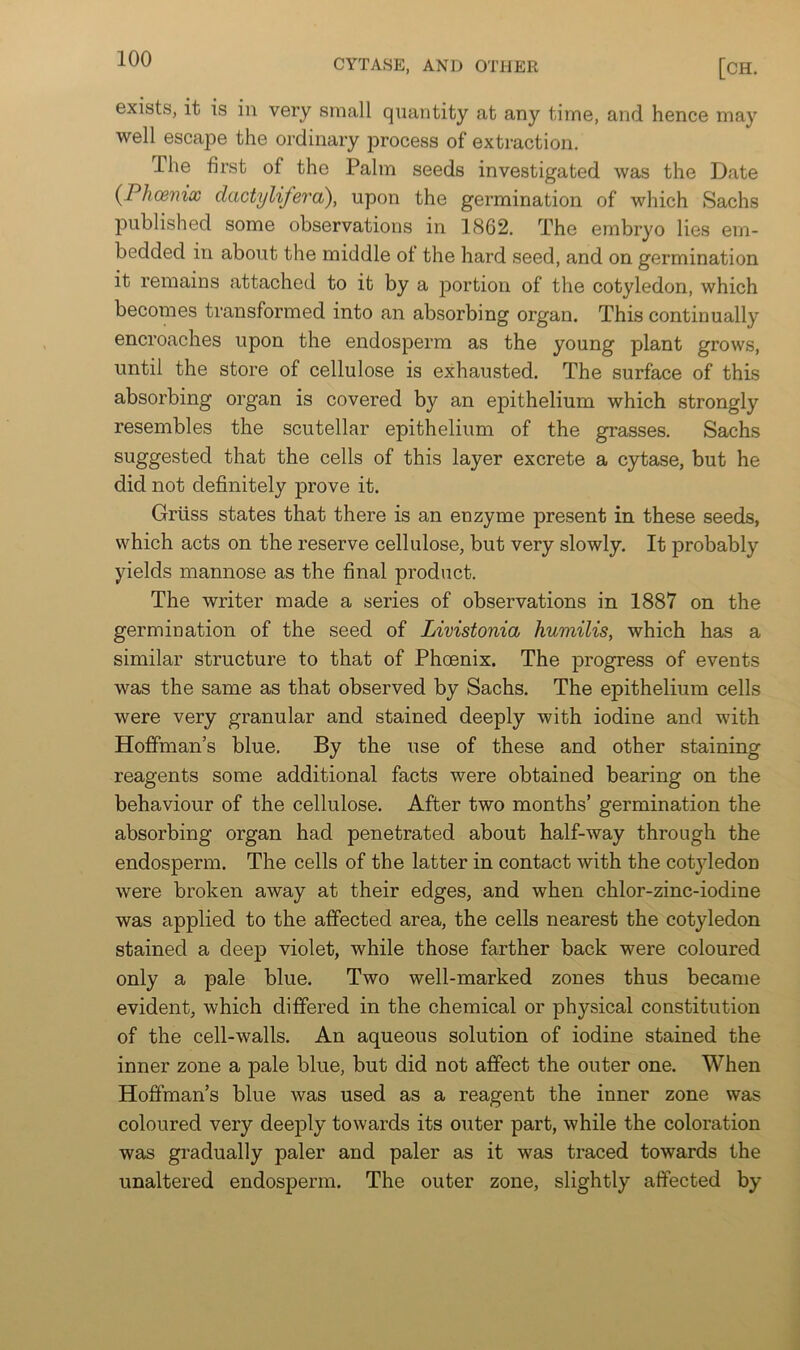 exists, it is in very small quantity at any time, and hence may well escape the ordinary process of extraction. The first of the Palm seeds investigated was the Date (Phoenix dactyli/e^'a), upon the germination of which Sachs published some observations in 1862. The embryo lies em- bedded in about the middle ot the hard seed, and on germination it remains attached to it by a portion of the cotyledon, which becomes transformed into an absorbing organ. This continually encroaches upon the endosperm as the young plant grows, until the store of cellulose is exhausted. The surface of this absorbing organ is covered by an epithelium which strongly resembles the scutellar epithelium of the grasses. Sachs suggested that the cells of this layer excrete a cytase, but he did not definitely prove it. Grtiss states that there is an enzyme present in these seeds, which acts on the reserve cellulose, but very slowly. It probably yields mannose as the final product. The writer made a series of observations in 1887 on the germination of the seed of Livistonia humilis, which has a similar structure to that of Phoenix. The progress of events was the same as that observed by Sachs. The epithelium cells were very granular and stained deeply with iodine and with Hoffman’s blue. By the use of these and other staining reagents some additional facts were obtained bearing on the behaviour of the cellulose. After two months’ germination the absorbing organ had penetrated about half-way through the endosperm. The cells of the latter in contact with the cotjdedon were broken away at their edges, and when chlor-zinc-iodine was applied to the affected area, the cells nearest the cotyledon stained a deep violet, while those farther back were coloured only a pale blue. Two well-marked zones thus became evident, which differed in the chemical or physical constitution of the cell-walls. An aqueous solution of iodine stained the inner zone a pale blue, but did not affect the outer one. When Hoffman’s blue was used as a reagent the inner zone was coloured very deeply towards its outer part, while the coloration was gradually paler and paler as it was traced towards the unaltered endosperm. The outer zone, slightly affected by