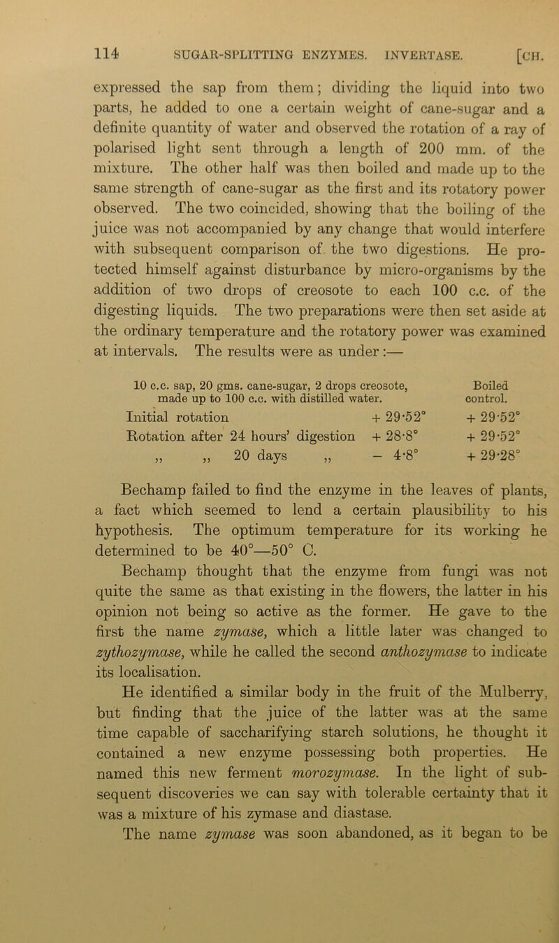 expressed the sap from them; dividing the liquid into two parts, he added to one a certain weight of cane-sugar and a definite quantity of water and observed the rotation of a ray of polarised light sent through a length of 200 mm. of the mixture. The other half was then boiled and made up to the same strength of cane-sugar as the first and its rotatory power observed. The two coincided, showing that the boiling of the juice was not accompanied by any change that would interfere with subsequent comparison of the two digestions. He pro- tected himself against disturbance by micro-organisms by the addition of two drops of creosote to each 100 c.c. of the digesting liquids. The two preparations were then set aside at the ordinary temperature and the rotatory power was examined at intervals. The results were as under:— 10 c.c. sap, 20 gms. cane-sugar, 2 drops creosote, Boiled made up to 100 c.c. with distilled water. control. Initial rotation + 29‘52“ + 29•52° Rotation after 24 hours’ digestion + 28'8° + 29*52° „ „ 20 days „ — 4-8° + 29‘28° Bechamp failed to find the enzyme in the leaves of plants, a fact which seemed to lend a certain plausibility to his hypothesis. The optimum temperature for its working he determined to be 40°—50° C. Bechamp thought that the enzyme from fungi was not quite the same as that existing in the flowers, the latter in his opinion not being so active as the former. He gave to the first the name zymase, which a little later was changed to zythozymase, while he called the second anthozymase to indicate its localisation. He identified a similar body in the fruit of the Mulberry, but finding that the juice of the latter was at the same time capable of saccharifying starch solutions, he thought it contained a new enzyme possessing both properties. He named this new ferment morozymase. In the light of sub- sequent discoveries we can say with tolerable certainty that it was a mixture of his zymase and diastase. The name zymase was soon abandoned, as it began to be