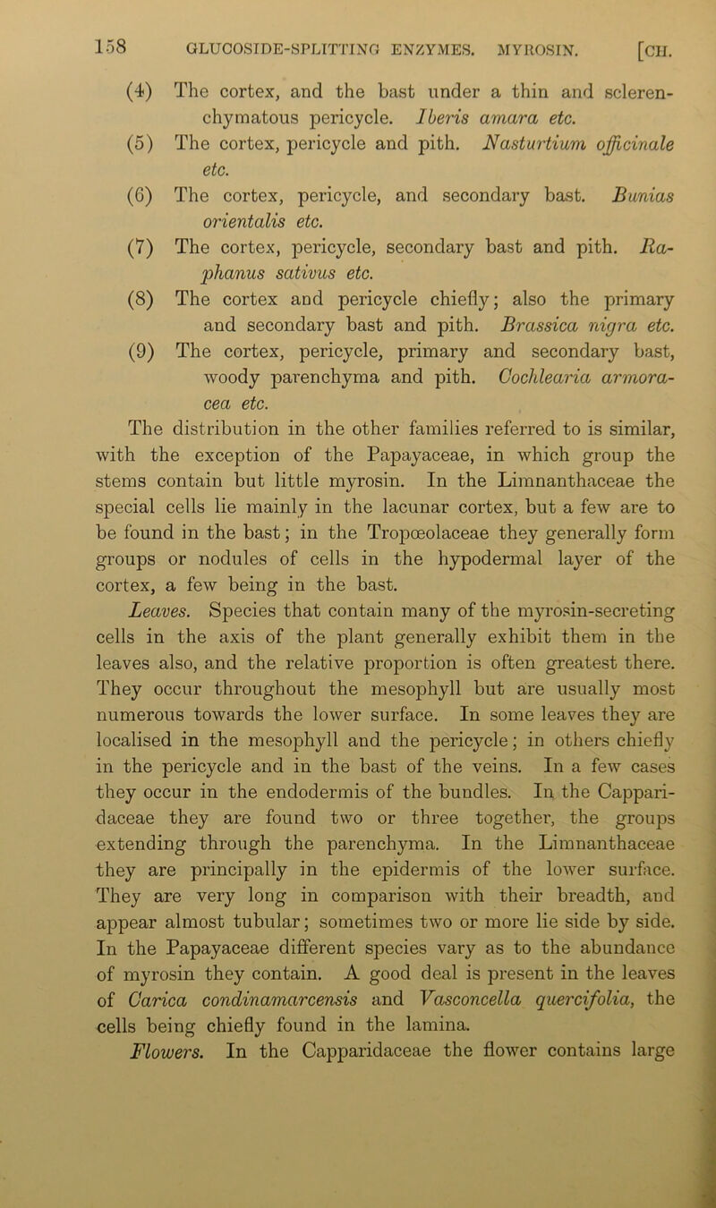 (4) The cortex, and the bast under a thin and scleren- chymatous pericycle. Iheris amara etc. (5) The cortex, pericycle and pith. Nasturtium officinale etc. (6) The cortex, pericycle, and secondary bast. Bunias orientalis etc. (7) The cortex, pericycle, secondary bast and pith. Ra- phanus sativus etc. (8) The cortex and pericycle chiefly; also the primary and secondary bast and pith. Brassica nigra etc. (9) The cortex, pericycle, primary and secondary bast, woody parenchyma and pith. Cochlearia armora- cea etc. The distribution in the other families referred to is similar, with the exception of the Papayaceae, in which group the stems contain but little myrosin. In the Limnanthaceae the special cells lie mainly in the lacunar cortex, but a few are to be found in the bast; in the Tropoeolaceae they generally form groups or nodules of cells in the hypodermal layer of the cortex, a few being in the bast. Leaves. Species that contain many of the myrosin-secreting cells in the axis of the plant generally exhibit them in the leaves also, and the relative proportion is often greatest there. They occur throughout the mesophyll but are usually most numerous towards the lower surface. In some leaves they are localised in the mesophyll and the ]3ericycle; in others chiefly in the pericycle and in the bast of the veins. In a few cases they occur in the endodermis of the bundles. In the Cappari- daceae they are found two or three together, the groups extending through the parenchyma. In the Limnanthaceae they are principally in the epidermis of the lower surhice. They are very long in comparison with their breadth, and appear almost tubular; sometimes two or more lie side by side. In the Papayaceae different species vary as to the abundance of myrosin they contain. A good deal is present in the leaves of Carica condinamarcensis and Vasconcella quercifolia, the cells being chiefly found in the lamina. Flowers. In the Capparidaceae the flower contains large