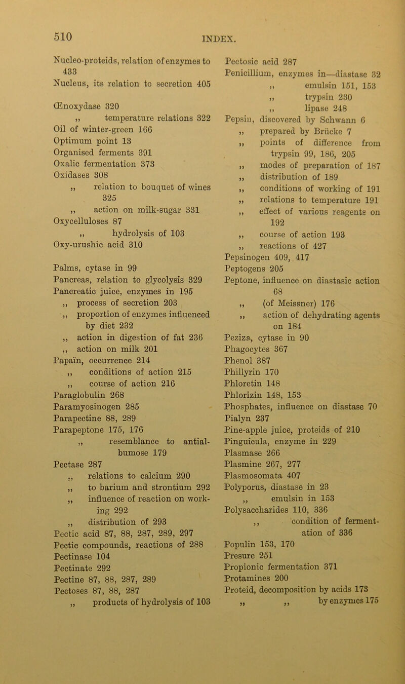 Nucleo-proteids, relation of enzymes to 433 Nucleus, its relation to secretion 405 (Enoxyclase 320 ,, temperature relations 322 Oil of winter-green 166 Optimum point 13 Organised ferments 391 Oxalic fermentation 373 Oxidases 308 ,, relation to bouquet of wines 325 ,, action on milk-sugar 331 Oxycelluloses 87 ,, hydrolysis of 103 Oxy-urushic acid 310 Palms, cytase in 99 Pancreas, relation to glycolysis 329 Pancreatic juice, enzymes in 195 ,, process of secretion 203 ,, proportion of enzymes influenced by diet 232 ,, action in digestion of fat 236 ,, action on milk 201 Papain, occurrence 214 ,, conditions of action 215 „ course of action 216 Paraglobulin 268 Paramyosinogen 285 Parapectine 88, 289 Parapeptone 175, 176 ,, resemblance to antial- bumose 179 Pectase 287 relations to calcium 290 ,, to barium and strontium 292 „ influence of reaction on work- ing 292 „ distribution of 293 Pectic acid 87, 88, 287, 289, 297 Pectic compounds, reactions of 288 Pectinase 104 Pectinate 292 Pectine 87, 88, 287, 289 Pectoses 87, 88, 287 „ products of hydrolysis of 103 Pectosic acid 287 Penicillium, enzymes in—diastase 32 ,1 emulsin 151, 153 ,, trypsin 230 ,, lipase 248 Pepsin, discovered by Schwann 6 „ prepared by Briicke 7 „ points of difference from trypsin 99, 186, 205 „ modes of preparation of 187 ,, distribution of 189 ,, conditions of working of 191 „ relations to temperature 191 ,, effect of various reagents on 192 ,, course of action 193 ,, reactions of 427 Pepsinogen 409, 417 Peptogens 205 Peptone, influence on diastasic action 68 ,, (of Meissner) 176 ,, action of dehydrating agents on 184 Peziza, cytase in 90 Phagocytes 367 Phenol 387 Phillyi’in 170 Phloretin 148 Phlorizin 148, 153 Phosphates, inflnence on diastase 70 Pialyn 237 Pine-apple juice, proteids of 210 Pinguicula, enzyme in 229 Plasmase 266 Plasmine 267, 277 Plasmosomata 407 Polyporus, diastase in 23 ,, emulsin in 153 Polysaccharides 110, 336 ,, condition of ferment- ation of 336 Populin 153, 170 Presure 251 Propionic fei’mentation 371 Protamines 200 Proteid, decomposition by acids 173 „ ,, by enzymes 175