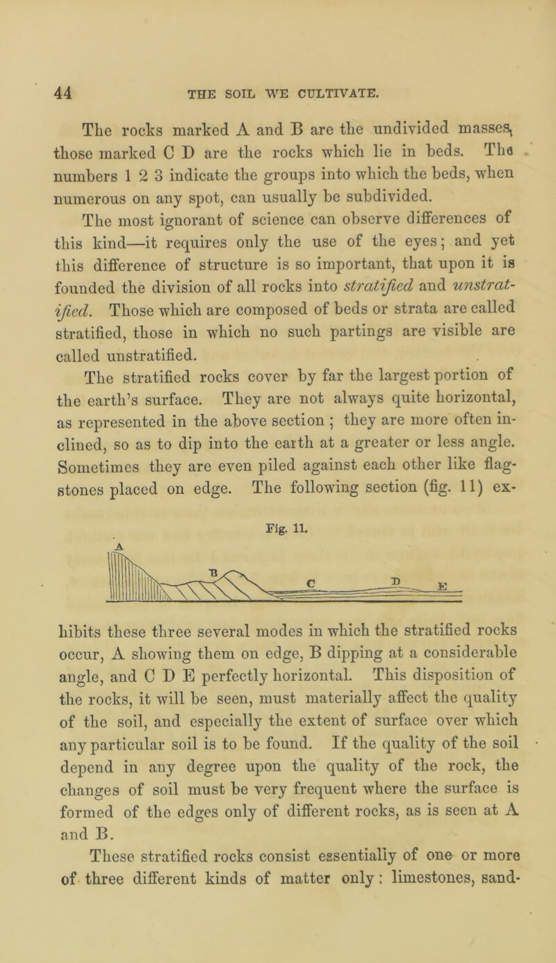 The rocks marked A and B are the undivided masses, those marked C D are the rocks ■which lie in beds. Tha . numbers 1 2 3 indicate the groups into which the beds, when numerous on any spot, can usually be subdivided. The most ignorant of science can observe differences of this kind—it requires only the use of the eyes; and yet this difference of structure is so important, that upon it is founded the division of all rocks into stratified and unstrat- ificd. Those which are composed of beds or strata are called stratified, those in which no such partings are visible are called unstratified. The stratified rocks cover by far the largest portion of the earth’s surface. They are not always quite horizontal, as represented in the above section ; they are more often in- clined, so as to dip into the earth at a greater or less angle. Sometimes they are even piled against each other like flag- stones placed on edge. The following section (fig. 11) ex- Fig. IL A hibits these three several modes in which the stratified rocks occur, A showing them on edge, B dipping at a considerable angle, and C I) E perfectly horizontal. This disposition of the rocks, it will be seen, must materially affect the quality of the soil, and especially the extent of surface over which any particular soil is to be found. If the quality of the soil depend in any degree upon the quality of the rock, the changes of soil must be very frequent where the surface is formed of the edges only of different rocks, as is seen at A and B. These stratified rocks consist essentially of one or more of three different kinds of matter only: limestones, sand-