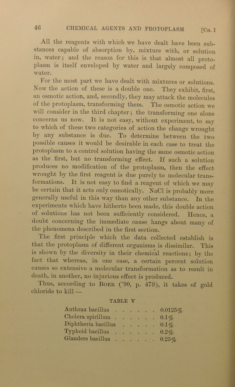 [Cir. I All the reagents with which we have dealt have been sub- stances capable of absorption by, mixture with, or solution in, water; and the reason for this is that almost all proto- plasm is itself enveloped by water and largely composed of water. For the most part we have dealt with mixtures or solutions. Now the action of these is a double one. They exhibit, first, an osmotic action, and, secondly, they may attack the molecules of the protoplasm, transforming them. The osmotic action we will consider in the third chapter; the transforming one alone concerns us now. It is not easy, without experiment, to say to which of these two categories of action the change wrought by any substance is due. To determine between the two possible causes it would be desirable in each case to treat the protoplasm to a control solution having the same osmotic action as the first, but no transforming effect. If such a solution produces no modification of the protoplasm, then the effect wrought by the first reagent is due purely to molecular trans- formations. It is not easy to find a reagent of which we may be certain that it acts only osmotically. NaCl is probably more generally useful in this way than any other substance. In the experiments which have hitherto been made, this double action of solutions has not been sufficiently considered. Hence, a doubt concerning the immediate cause hangs about many of the phenomena described in the first section. The first principle which the data collected establish is that the protoplasm of different organisms is dissimilar. This is shown by the diversity in their chemical reactions; by the fact that whereas, in one case, a certain percent solution causes so extensive a molecular transformation as to result in death, in another, no injurious effect is produced. Thus, according to Boer (’90, p. 479), it takes of gold chloride to kill — TABLE V Anthrax bacillus . 0.0125% Cholera spirillum . 0.1% Diphtheria bacillus 0.1% Typhoid bacillus . 0.2 % Glanders bacillus . 0.25%