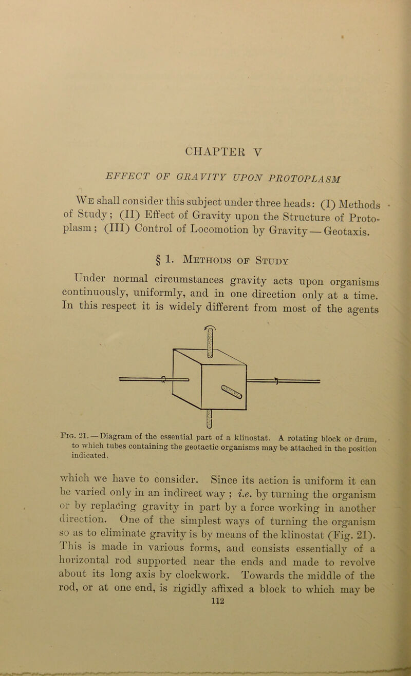 CHAPTER V EFFECT OF GRAVITY UPON PROTOPLASM n We shall consider this subject under three heads: (I) Methods of Study; (II) Effect of Gravity upon the Structure of Proto- plasm; (III) Control of Locomotion by Gravity — Geotaxis. § 1. Methods of Study Under normal circumstances gravity acts upon organisms continuously, uniformly, and in one direction only at a time. In this respect it is widely different from most of the agents Fig. 21. Diagram of the essential part of a klinostat. A rotating block or drum, to which tubes containing the geotactic organisms may be attached in the position indicated. which we have to consider. Since its action is uniform it can be varied only in an indirect way ; i.e. by turning the organism or by replacing gravity in part by a force working in another direction. One of the simplest ways of turning the organism so as to eliminate gravity is by means of the klinostat (Fig. 21). 1 his is made in various forms, and consists essentially of a horizontal rod supported near the ends and made to revolve about its long axis by clockwork. Towards the middle of the rod, or at one end, is rigidly affixed a block to which may be