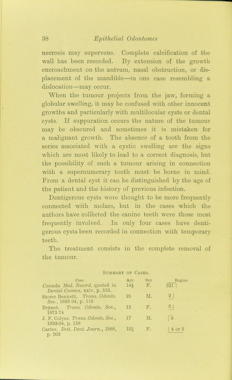 necrosis may supervene. Complete calcification of the wall has been recorded. By extension of the growth encroachment on the antrum, nasal obstruction, or dis- placement of tbe mandible—in one case resembling a dislocation—may occur. When the tumour projects from the jaw, forming a globular swelling, it may be confused with other innocent growths and particularly with multilocular cysts or dental cysts. If suppuration occurs the nature of the tumour may be obscured and sometimes it is mistaken for a malignant growth. The absence of a tooth from the series associated with a cystic swelling are the signs which are most likely to lead to a correct diagnosis, but the possibility of such a tumour arising in connection with a supernumerary tooth must - be borne in mind. From a dental cyst it can be distinguished by the age of the patient and the history of previous infection. Dentigerous cysts were thought to be more frequently connected with molars, but in the cases which the authors have collected the canine teeth were those most frequently involved. In only four cases have denti- gerous cysts been recorded in connection with temporary teeth. The treatment consists in the complete removal of the tumour. Summary of Cases. Case Canada Med. Record, quoted in Dental Cosmos, xxiv, p. 553. Storer Bennett. Trans. Odonto. Soc., 1893 94, p. 115 Bryant. Trans. Odonto. Soc., 1873-74 J. F. Colyer. Trans. Odonto. Soc., 1893-94, p. 158 Carter. Brit. Dent. Journ., 18S8, p. 303 Age Sex Regioi 14* F. 321 | 25 M. 2J 12 F. Li 17 M. |8 12i F. | 4 or 5