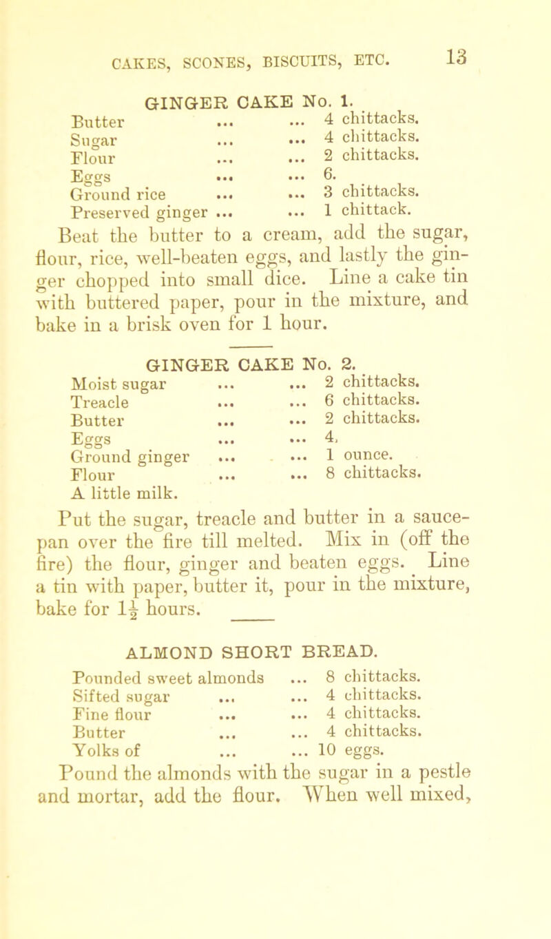 CAKES, SCONES, BISCUITS, ETC. GINGER CAKE No. 1. Butter ... ••• 4 chittacks. Sugar ... ••. 4 chittacks. Flour ... ... 2 chittacks. Eggs ... ... 6. Ground rice ... ••• 3 chittacks. Preserved ginger ... ... 1 chittack. Beat the butter to a cream, add the sugar, flour, rice, well-beaten eggs, and lastly the gin- ger chopped into small dice. Line a cake tin with buttered paper, pour in the mixture, and bake in a brisk oven for 1 hour. GINGER CAKE No. 2. Moist sugar Treacle Butter Eggs Ground ginger Flour A little milk. ... 2 chittacks. ... 6 chittacks. ... 2 chittacks. ... 4, ... 1 ounce. ... 8 chittacks. Put the sugar, treacle and butter in a sauce- pan over the fire till melted. Mix in (off the fire) the flour, ginger and beaten eggs. Line a tin with paper, butter it, pour in the mixture, bake for hours. ALMOND SHORT BREAD. Pounded sweet almonds ... 8 chittacks. Sifted sugar • •« ... 4 chittacks. Fine flour • •• ... 4 chittacks. Butter ... ... 4 chittacks. Yolks of ... ... 10 eggs. Pound the almonds with the sugar in a pestle and mortar, add the flour. When well mixed.