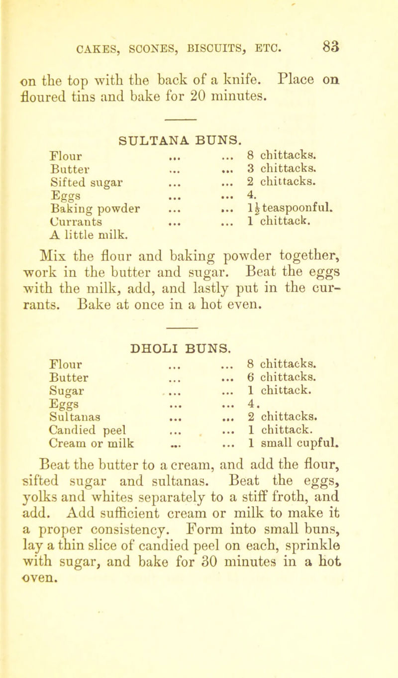 on the top with the back of a knife. Place on floured tins and bake for 20 minutes. SULTANA BUNS. Flour Butter Sifted sugar Eggs Baking powder Currants A little milk. 8 chittacks. 3 chittacks. 2 chittacks. 4. 1 £ teaspoonful. 1 chittack. Mix the flour and baking powder together, work in the butter and sugar. Beat the eggs with the milk, add, and lastly put in the cur- rants. Bake at once in a hot even. DHOLI BUNS. Flour Butter Sugar Eggs Sultanas Candied peel Cream or milk 8 chittacks. 6 chittacks. 1 chittack. 4. 2 chittacks. 1 chittack. 1 small cupful. Beat the butter to a cream, and add the flour, sifted sugar and sultanas. Beat the eggs, yolks and whites separately to a stiff froth, and add. Add sufficient cream or milk to make it a proper consistency. Form into small buns, lay a thin slice of candied peel on each, sprinkle with sugar, and bake for 30 minutes in a hot oven.