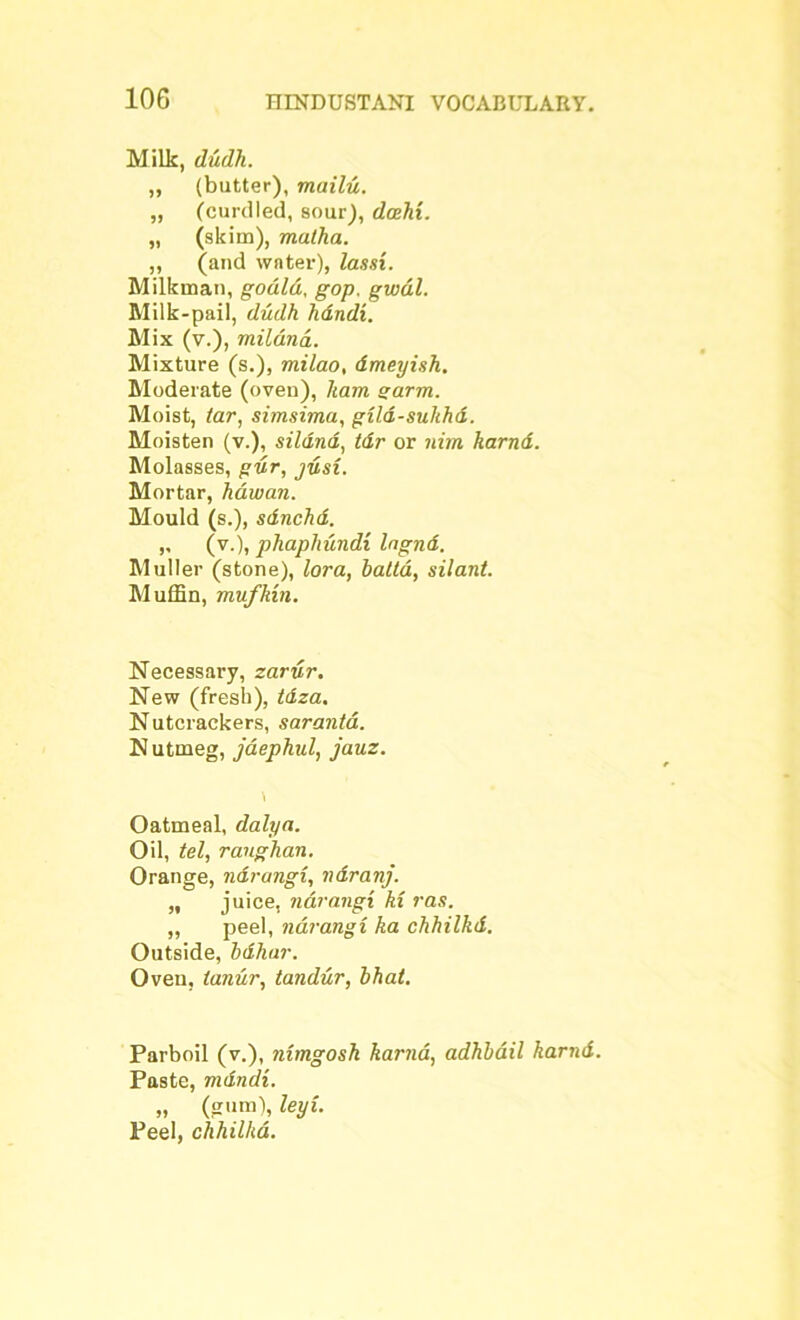 Milk, dudh. ,, (butter), mailu. „ (curdled, sour), dcehi. „ (skim), matha. ,, (and water), lassi. Milkman, godld, gop. gwdl. Milk-pail, dudh hdndi. Mix (v.), mildna. Mixture (s.), milao, dmeyish. Moderate (oven), liam garm. Moist, tar, sitnsima, gild-sukhd. Moisten (v.), sildnd, tdr or nim karnd. Molasses, pur, jusi. Mortar, hdwan. Mould (s.), sdnchd. ,, (v.), phaphundi lagnd. Muller (stone), lora, battd, silant. Muffin, mufkin. Necessary, zarur. New (fresb), tdza. N utcrackers, sarantd. Nutmeg, jaephul, jauz. Oatmeal, dalya. Oil, tel, raughan. Orange, ndrangi, naranj. „ juice, ndrangi hi ras. ,, peel, ndrangi ka chhilkd. Outside, bdhar. Oven, tanur, tandur, bhat. Parboil (v.), nimgosh karnd, adhbdil karnd. Paste, mdndi. „ (gum), leyi. Peel, chhilkd.