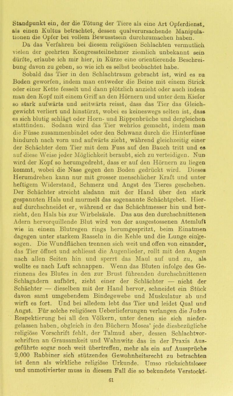Standpunkt ein, der die Totung der Tiere ala eine Art Opferdienst,. ala einen Kultus betracktet, dessen qualverurBachende Manipula- tionen die Opfer bei vollem Bewusstsem durcbzumacben haben. Da daa Verfabren bei diesem religiosen Scklachten vermutlicb vielen der geebrten Kongressteilnehmer ziemlicb unbekannt sein diirfte, erlaube icb mir bier, in Kiirze eine orientierende Beschrei- bung davon zu geben, bo wie icb ea aelbat beobacbtet babe. Sobald daa Tier in den Schlaclitraum gebracbt ist, wird ea zu Boden geworfen, indent man entweder die Beine mit einem Strick oder einer Kette feaaelt und dann plotzlicb anziebt oder aucb indem man den Kopf mit einem Griff an den Hornern und unter dem Kiefer so 6tark aufwarts und seit warts reiast, dass das Tier das Gleich- gewicbt verliert und binsturzt, wobei ea keineswega selten ist, daas ea sich blutig schlagt oder Horn- und Kippenbrucbe und dergleichen 8tattbnden. Sodann wird das Tier webrlos gemacht, indem man die Fusse zusammenbindet oder den Schwanz durch die Hinterfusae kindurch nacb vorn und aufwarts ziebt, wabrend gleicbzeitig einer der Scbacbter dem Tier mit dem Fuss auf den Bauch tritt und es auf diese Weiae jeder Moglichkeit beraubt, sicb zu verteidigen. Nun wird der Kopf so herumgedreht, dass er auf den Hornern zu liegen kommt, wobei die Nase gegen den Boden gedruckt wird. Dieses Herumdrehen kann nur mit grosser menschlicher Kraft und unter heftigem Widerstand, Schmerz und Angst dea Tieres gescbehen. Der Scbachter streicbt alsdann mit der Hand uber den stark gespannten Hals und murmelt das sogenannte Schachtgebet. Hier- auf durchschneidet er, wabrend er daa Sckachtmesser bin und her- zieht, den Hals bis zur Wirbelsaule. Das aus den durcbscbnittenen Adern hervorquillende Blut wird von der ausgestossenen Atemluft wie in einem Blutregen rings kerumgespritzt, beim Einatmen dagegen unter starkem Rasseln in die Kehle und die Lunge einge- sogen. Die Wundflachen trennen sich weit und offen von einander, das Tier offnet und schliesst die Augenlieder, rollt mit den Augen nach alien Seiten bin und sperrt das Maul auf und zu, ale wollte es nach Luft scbnappen. Wenn das Bluten infolge des Ge- rinnens des Blutes in den zur Brust fiihrenden durcbscbnittenen Schlagadern aufhort, ziebt einer der Schlachter — nicbt der Schachter — dieselben mit der Hand bervor, schneidet ein Stuck davon samt umgebendem Bindegewebe und Muskulatur ab und wirft es fort. Und bei alledem lebt das Tier und leidet Qual und Angst. Fur solche religiosen Ueberlieferungen verlangen die Juden Respektierung bei all den Volkern, unter denen sie sich nieder- gelassen haben, obgleicb in den Buchern Moses’ jede diesbezuglicbe religiose Vorschrift fehlt, der Talmud aber, des3en Schlachtvor- schriften an Grausamkeit und Wahnwitz das in der Praxis Aus- gefuhrte sogar noch weit ubertreffen, mehr als ein auf Ausspruche 2,000 Rabbiner sich stutzendes Gewohnheitsrecht zu betrachten ist denn als wirkliche religiose Urkunde. Umso riicksichtsloser und unmotivierter muss in diesem Fall die so bekundete Verstockt-