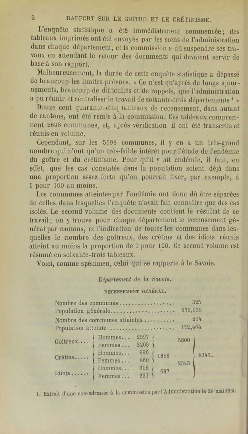 L enquête statistique a été immédiatement commencée ; des tableaux imprimés ont été envoyés par les soins de l’administration dans chaque département, et la commission a dû suspendre ses tra- vaux en attendant le retour des documents qui devaient servir de base à son rapport. Malheureusement, la durée de cette enquête statistique a dépassé de beaucoup les limites prévues. « Ce n’est qu’après de longs ajour- nements, beaucoup de difficultés et de rappels, que l’administration a pu réunir et centraliser le travail de soixante-trois départements 1 » Douze cent quarante-cinq tableaux de recensement, dans autant de cantons, ont été remis à la commission. Ces tableaux compren- nent 5698 communes, et, après vérification il ont été transcrits et réunis en volume. Cependant, sur les 5698 communes, il y en a un très-grand nombre qui n’ont qu’un très-faible intérêt pour l’étude de l’endémie du goitre et du crétinisme. Pour qu’il y ait endémie, il faut, en effet, que les cas constatés dans la population soient déjà dans une proportion assez forte qu’on pourrait fixer, par exemple, à 1 pour 100 au moins. Les communes atteintes par l’endémie ont donc dû être séparées de celles dans lesquelles l’enqucte n’avait fait connaître que des cas isolés. Le second volume des documents contient le résultat de ce travail ; on y trouve pour chaque département le recensement gé- néral par cantons, et l’indication de toutes les communes dans les- quelles le nombre des goitreux, des crétins et des idiots réunis atteint au moins la proportion de 1 pour 100. Ce second volume est résumé en soixante-trois tableaux. Voici, comme spécimen, celui qui se rapporte à le Savoie. Département de la Savoie. RECENSEMENT GÉNÉRAL. Nombre des communes Population générale Nombre des communes atteintes. Population atteinte Goitreux.... Crétins Idiots l Hommes... 2597 \ Femmes ... 3203 1 Hommes... 996 j Femmes ... 860 1 Hommes... 356 { Femmes... 331 1856 687 325 275,039 204 172,464 5800 I l 8343. 2543 [ 1. Extrait d’une note adressée à la commission par l’Administration le 26 mai 18(it>