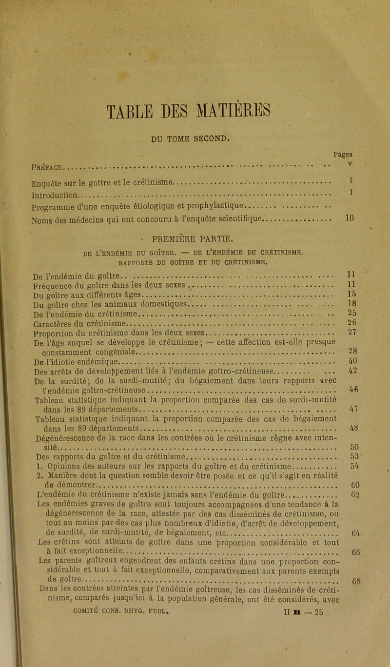 TABLE DES MATIÈRES DU TOME SECOND. Pages Préface.. ‘ Enquête sur le goitre et le crétinisme 1 Introduction 1 Programme d’une enquête étiologique et prophylactique Noms des médecins qui ont concouru à l’enquête scientifique 10 ■ PREMIÈRE PARTIE. de l’endémie du goître. — de l’endémie du crétinisme. RAPPORTS LU GOITRE ET DU CRÉTINISME. De l’endémie du goître H Fréquence du goître dans les deux sexes 11 Du goître aux différents âges 15 Du goître chez les animaux domestiques 18 De l’endémie du crétinisme 25 Caractères du crétinisme 26 Proportion du crétinisme dans les deux sexes 27 De l’âge auquel se développe le crétinisme ; — cette affection est-elle presque constamment congéniale 28 De l'idiotie endémique 40 Des arrêts de développement liés à l’endémie gottro-crétineuse 42 De la surdité; de la surdi-mutité; du bégaiement dans leurs rapports avec l’endémie goîtro-crétineuse 46 Tableau statistique indiquant la proportion comparée des cas de surdi-mutité dans les 89 départements 47 Tableau statistique indiquant la proportion comparée des cas de bégaiement dans les 89 départements 48 Dégénérescence de la race dans les contrées où le crétinisme règne avec inten- sité 50 Des rapports du goître et du crétinisme 53' 1. Opinions des auteurs sur les rapports du goître et du crétinisme 54 2. Manière dont la question semble devoir être posée et ce qu'il s’agit en réalité de démontrer 60 L’endémie du crétinisme n’existe jamais sans l’endémie du goître 62 Les endémies graves de goître sont toujours accompagnées d'une tendance à la dégénérescence de la race, attestée par des cas disséminés de crétinisme, ou tout au moins par des cas plus nombreux d’idiotie, d’arrêt de développement, de surdité, de surdi-mutité, de bégaiement, etc 64 Les crétins sont atteints de goitre dans une proportion considérable et tout à fait exceptionnelle 66 Les parents goitreux engendrent des enfants crétins dans une proportion con- sidérable et tout à fait exceptionnelle, comparativement aux parents exempts de goître 68 Dans les contrées atteintes par l’endémie goitreuse, les cas disséminés de créti- nisme, comparés jusqu’ici à la population générale, ont été considérés, avec COMITÉ CONS. DHYG. PUBL. Il II — 25