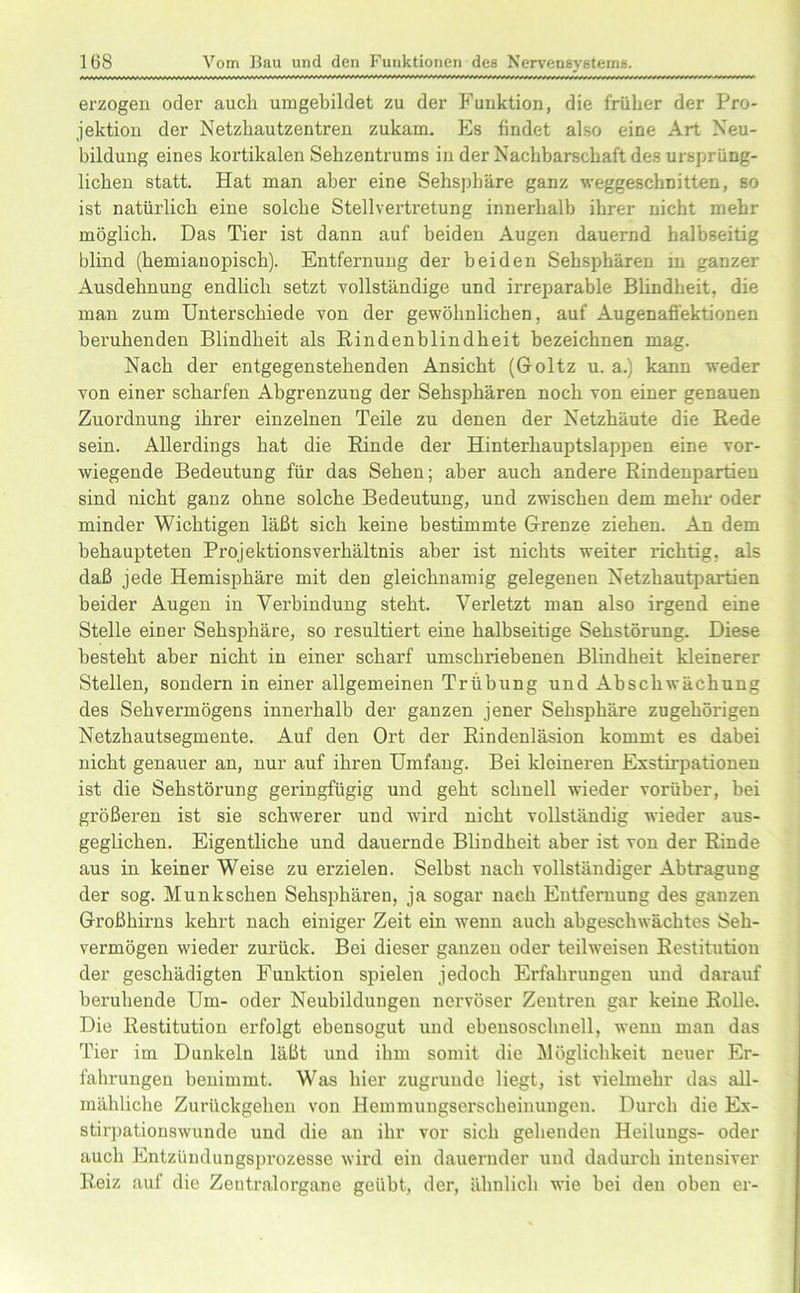 erzogen oder auch umgebildet zu der Funktion, die früher der Pro- jektion der Netzhautzentren zukam. Es findet also eine Art Neu- bildung eines kortikalen Sehzentrums in der Nachbarschaft des ursprüng- lichen statt. Hat man aber eine Sehsphäre ganz weggeschnitten, so ist natürlich eine solche Stellvertretung innerhalb ihrer nicht mehr möglich. Das Tier ist dann auf beiden Augen dauernd halbseitig blind (hemianopiscli). Entfernung der beiden Sehsphären in ganzer Ausdehnung endlich setzt vollständige und irreparable Blindheit, die man zum Unterschiede von der gewöhnlichen, auf Augenaffektionen beruhenden Blindheit als Rindenblindheit bezeichnen mag. Nach der entgegenstehenden Ansicht (Goltz u. a.) kann weder von einer scharfen Abgrenzung der Sehsphären noch von einer genauen Zuordnung ihrer einzelnen Teile zu denen der Netzhäute die Rede sein. Allerdings hat die Rinde der Hinterhauptslappen eine vor- wiegende Bedeutung für das Sehen; aber auch andere Rindenpartien sind nicht ganz ohne solche Bedeutung, und zwischen dem mehr oder minder Wichtigen läßt sich keine bestimmte Grenze ziehen. An dem behaupteten Projektions Verhältnis aber ist nichts weiter richtig, als daß jede Hemisphäre mit den gleichnamig gelegenen Netzhautpartien beider Augen in Verbindung steht. Verletzt man also irgend eine Stelle einer Sehsphäre, so resultiert eine halbseitige Sehstörung. Diese besteht aber nicht in einer scharf umschriebenen Blindheit kleinerer Stellen, sondern in einer allgemeinen Trübung und Abschwächung des Sehvermögens innerhalb der ganzen jener Sehsphäre zugehörigen Netzhautsegmente. Auf den Ort der Rindenläsion kommt es dabei nicht genauer an, nur auf ihren Umfang. Bei kleineren Exstirpationen ist die Sehstörung geringfügig und geht schnell wieder vorüber, bei größeren ist sie schwerer und wird nicht vollständig wieder aus- geglichen. Eigentliche und dauernde Blindheit aber ist von der Rinde aus in keiner Weise zu erzielen. Selbst nach vollständiger Abtragung der sog. Munkschen Sehsphären, ja sogar nach Entfernung des ganzen Großhirns kehrt nach einiger Zeit ein wenn auch abgeschwächtes Seh- vermögen wieder zurück. Bei dieser ganzen oder teilweisen Restitution der geschädigten Funktion spielen jedoch Erfahrungen und darauf beruhende Um- oder Neubildungen nervöser Zentren gar keine Rolle. Die Restitution erfolgt ebensogut und ebensoschnell, wenn man das Tier im Dunkeln läßt und ihm somit die Möglichkeit neuer Er- fahrungen benimmt. Was hier zugrunde liegt, ist vielmehr das all- mähliche Zurückgehen von Hemmungserscheinungen. Durch die Ex- stirpationswunde und die au ihr vor sich gehenden Heilungs- oder auch Entzündungsprozesse wird ein dauernder und dadurch intensiver Reiz auf die Zentralorgane geübt, der, ähnlich wie bei den oben er-