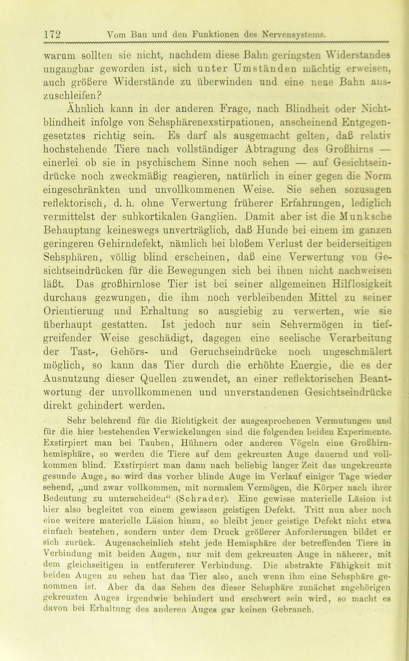 warum sollten sie nicht, nachdem diese Bahn geringsten Widerstandes ungangbar geworden ist, sich unter Umständen mächtig erweisen, auch größere Widerstände zu überwinden und eine neue Bahn aus- zuschleifen? Ähnlich kann in der anderen Frage, nach Blindheit oder Nicht- blindheit infolge von Sehsphärenexstirpationen, anscheinend Entgegen- gesetztes richtig sein. Es darf als ausgemacht gelten, daß relativ hochstehende Tiere nach vollständiger Abtragung des Großhirns — einerlei ob sie in psychischem Sinne noch sehen — auf Gesichtsein- drücke noch zweckmäßig reagieren, natürlich in einer gegen die Norm eingeschränkten und unvollkommenen Weise. Sie sehen sozusagen reflektorisch, d. h. ohne Verwertung früherer Erfahrungen, lediglich vermittelst der subkortikalen Ganglien. Damit aber ist die Munksche Behauptung keineswegs unverträglich, daß Hunde bei einem im ganzen geringeren Gehirndefekt, nämlich hei bloßem Verlust der beiderseitigen Sehsphären, völlig blind erscheinen, daß eine Verwertung von Ge- sichtseindrücken für die Bewegungen sich bei ihnen nicht nachweisen läßt. Das großhirnlose Tier ist bei seiner allgemeinen Hilflosigkeit durchaus gezwungen, die ihm noch verbleibenden Mittel zu seiner Orientierung und Erhaltung so ausgiebig zu verwerten, wie sie überhaupt gestatten. Ist jedoch nur sein Sehvermögen in tief- greifender Weise geschädigt, dagegen eine seelische Verarbeitung der Tast-, Gehörs- und Geruchseindrücke noch ungeschmälert möglich, so kann das Tier durch die erhöhte Energie, die es der Ausnutzung dieser Quellen zuwendet, an einer reflektorischen Beant- wortung der unvollkommenen und unverstandenen Gesichtseindrücke direkt gehindert werden. Sehr belehrend für die Richtigkeit der ausgesprochenen Vermutungen und für die hier bestehenden Verwickelungen sind die folgenden beiden Experimente. Exstirpiert man bei Tauben, Hühnern oder anderen Vögeln eine Großhirn- hemisphäre, so werden die Tiere auf dem gekreuzten Auge dauernd und voll- kommen blind. Exstirpiert man dann nach beliebig langer Zeit das ungekreuzte gesunde Auge, so wird das vorher blinde Auge im Verlauf einiger Tage wieder sehend, „und zwar vollkommen, mit normalem Vermögen, die Körper nach ihrer Bedeutung zu unterscheiden“ (Schräder). Eine gewisse materielle Läsion ist hier also begleitet von einem gewissen geistigen Defekt. Tritt nun aber noch eine weitere materielle Läsion hinzu, so bleibt jener geistige Defekt nicht etwa einfach bestehen, sondern unter dem Druck größerer Anforderungen bildet er sich zurück. Augenscheinlich steht jede Hemisphäre der betreffenden Tiere in Verbindung mit beiden Augen, nur mit dem gekreuzten Auge in näherer, mit dem gleichseitigen in entfernterer Verbindung. Die abstrakte Fähigkeit mit beiden Augen zu sehen hat das Tier also, auch wenn ihm eine Sehsphäre ge- nommen ist. Aber da das Sehen des dieser Sehsphärc zunächst zugehörigen gekreuzten Auges irgendwie behindert und erschwert sein wird, so macht es davon bei Erhaltung des anderen Auges gar keinen Gebrauch.