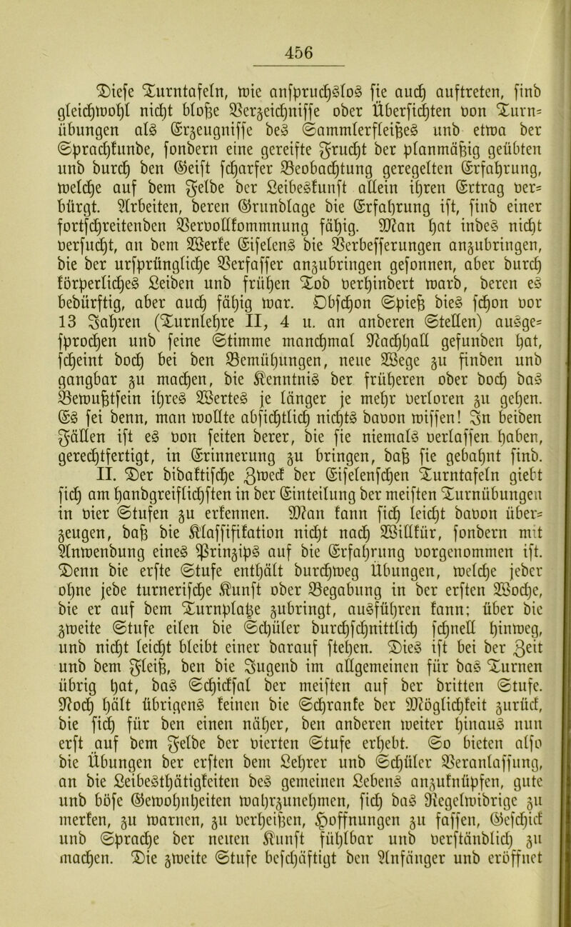 ^iefe Xurntafetn, tüie anfpruc^^Io^ fte auc^ auftreten, finb gleic^tüD^I nic^t Mofse S3er§ei(^niffe ober Überfii^ten ton Xurn= Übungen al§> ©rjeugniffe be» @ammIerf(etBe§ unb ettoa ber ©prac^fnnbe, fonbern eine gereifte gru^t ber ptanmöfeig geübten unb burc^ ben ©eift fc^arfer S5eobad^tung geregelten (Srfaprung, toetd)e auf bem gelbe ber ßeibe^funft allein i^ren Ertrag ter- bürgt. ^Irbeiten, bereu ©rnnblage bie ©rfaprung ift, finb einer fortfd^reitenben Q5erooltfommnung fäl)ig. 9J?an l)at inbe§ nicht oerfncht, an bem Sßerfe (Sifelen^ bie SBerbeffernngen angubringen, bie ber urfprünglic£)e Q5erfaffer an^ubringen gefonnen, aber burch förperlid)e§ Seiben unb frühen %oh oerhinbert marb, bereu e§ bebürftig, aber auch toar. Dbfd)on ©piefe bie§ fcf)on oor 13 gat)ren (Xurnlepre II, 4 u. an anberen 0teüen) anöge' fprod)en unb feine (Stimme manchmal D^achhatl gefunben höh fd)eint bod^ bei ben S3emühnngen, neue SSege gu finben unb gangbar gu mactjen, bie ^enntnig ber früheren ober hoch baf§ Semuhtfein il)re§ 2öerte§ je länger je mehr oerloren 511 gehen. fei benn, man mollte abfichtlich nid}t^ baüon miffen! gn beiben gäüen ift e§ ton feiten berer, bie fie niemals oerlaffen hö^’^n, gerei^tfertigt, in Erinnerung §u bringen, bah fi^ gebahnt finb. II. ®er bibaftifche 3ü?ecl ber Eifelenfd)en SEurntafeln giebt fid) am hanbgreiflic^ften in ber Einteilung ber meiften Xnrnübungeu in t)ier ©tufen §u erfennen. 5D?an fann fic^ leidjt baton über^ geugen, bah bie Ä'laffififation nid^t nach Sßilllür, fonbern mit ^nmenbung eine§ ^rin§ip§ auf bie Erfahrung oorgenommen ift. ®enn bie erfte ©tufe enthält bnrchtoeg Übungen, melche jeber ohne jebe turnerifdl)e ,^unft ober S3egabnng in ber erften 3Bod}e, bie er auf bem Xnrnplahe gubringt, au^führen fann; über bie ^meite ©tnfe eilen bie (Sd)üler burchfchnittlich fchned unb nicht leii^t bleibt einer barauf ftehen. ift bei ber unb bem gleih, ben bie gugenb im allgemeinen für baö Xurnen übrig h(^f; ©d£)idfal ber meiften auf ber britten ©tnfe. 9(?0(^ h^Ü übrigen^ feinen bie ©chranfe ber 3)^öglidl)feit gurücf, bie fi(^ für ben einen näher, ben anberen meiter l)itftttg nun erft auf bem gelbe ber oierten ©tnfe erhebt. ©0 bieten alfo bie Übungen ber erften bem Sehrer unb (©chüler 35eranlaffnng, an bie Seibeöthätigfeiten be§ gemeinen ßebenö an5ufntipfen, gute nnb böfe Eemohnpeiten n)ahr§unehmen, fid) ba^3 Diegelmibrige 511 merfen, 511 toarnen, Oerheihen, Hoffnungen gn faffen, Eefdiid nnb (©prad)e ber neuen ^iinft fühlbar unb oerftänblid} §u machen. ®ie gmeite ©tnfe befdjäftigt ben 5lnfänger unb eröffnet