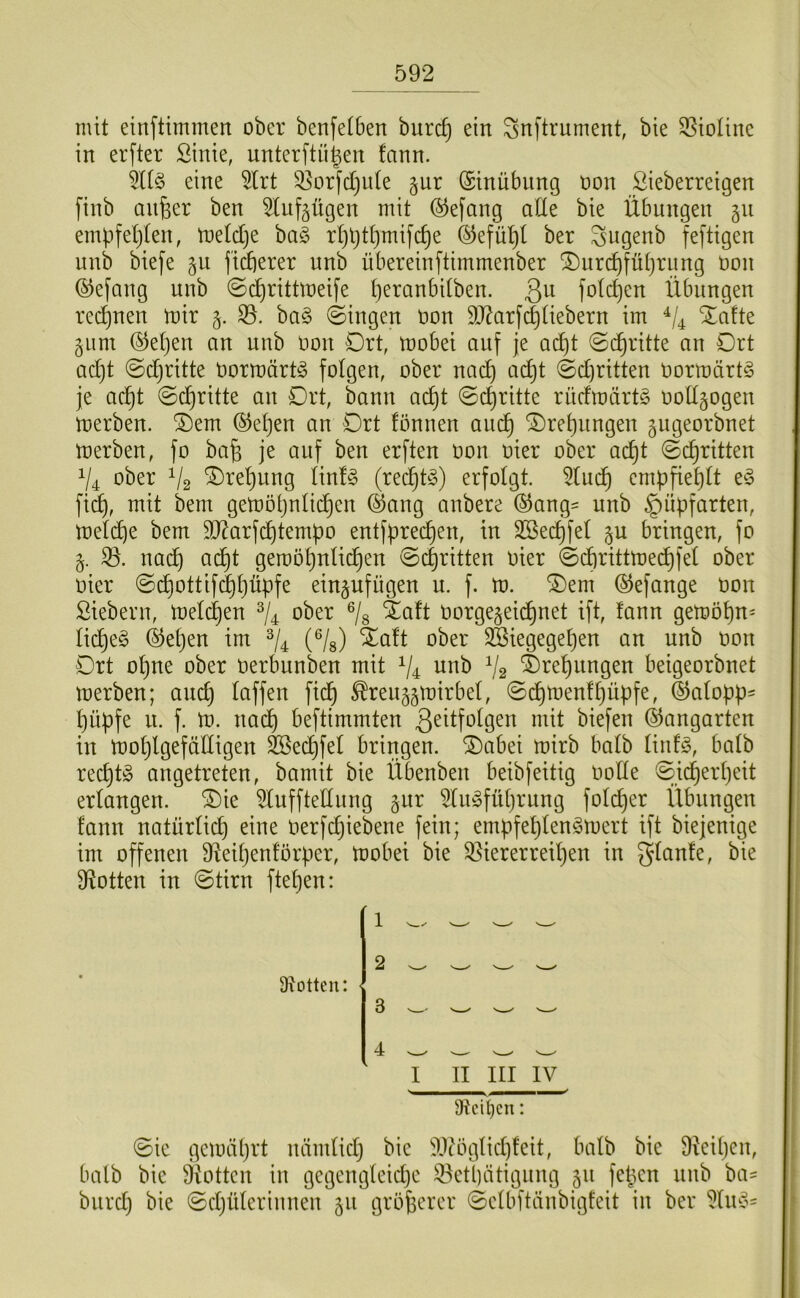 mit einftimmeit ober benfelben burc^ ein ^nftrument, bie SSioIine in erfter Sink, unterftü^en fann. eine 5lrt 95orfd)u(e gur (Sinübnng oon Sieberreigen finb an^er ben ^tuf^ügen mit ©efang aUe bie Übungen gn empfeljten, meldje ha§> rl)l}tl)mifc^e @efüt)l ber Sugenb feftigen unb biefe gii fidierer unb übereinftimmenber ^urc^fütjrung oon ©efang unb ©c^rittmeife t^eranbitben. ßu foid)en Übungen rei^nen mir 5. 35. ha§> gingen oon 9J?arf^tiebern im ^afte §iim ®el)en an unb oon Drt, mobei auf je ad)t ©d)ritte an Ort ad)t ©djritte oormärtio folgen, ober nac^ ac^t @d)ritten oormärt§ je acl^t ©c^ritte an Drt, bann acf)t ©c^ritte rüdmärtg oollgogen merben. ®em ©eljen an Drt fönnen aui^ Drel)nngen gugeorbnet merben, fo ba§ je auf ben erften oon oier ober ac^t ©(^ritten 1/4 ober V2 ^re^ung lin!^ (red^t^3) erfolgt. 3lnd^ empfiel)lt fid^, mit bem gemöijulic^en (^ang anbere ®ang= unb §üpfarten, meld)e bem 93^arfd)tempo entfprec^en, in Sßei^fel ^u bringen, fo 35. na(^ ai^t geroöl)nlic^en @c|ritten oier ©d)rittmed)fet ober oier ©c^ottif(^l)üpfe ein^ufügen u. f. m. *Dem ©efange Oon Siebern, meieren ober 4aft oorgegeic^net ift, fann gemöl)n= lic^e§ @el)en im ^/4 (^/g) 4aft ober 3Siegegepen an unb oon Drt ol)ne ober oerbunben mit V4 unb V2 4>rel)ungen beigeorbnet merben; andj laffen fic^ ^renggmirbel, ©(^men!l)üpfe, Galopp- l}üpfe n. f. m. nacl) beftimmten 3^^lfolgen mit biefen ©angarten in moljlgefädigen ^ec^fel bringen. S)abei mirb halb linfg, halb red)t§ angetreten, bamit bie Übenben beibfeitig oolle 0id^erl)eit erlangen. ®ie 3lufftellnng §nr 3luyfüt)rung folc^er Übungen fann natürlich eine oerfd^iebene fein; empfel)len§mert ift biejenige im offenen 9^eil)enförper, mobei bie 35iererreil}en in glanfe, bie Flotten in ©tirn ftel)en: 9?ottcn: • 2 3 I II III IV 9tcit)cn: ©ie gcmäljrt nämlidj bic 9J?öglid)feit, halb bie 9kil)cn, halb bic Ütotten in gegengleidje 3^ctl)ätigiing 511 fepen nnb ba= biird) bie ©djtilerinnen 51t gröfjercr ©clbftiinbigfeit in ber ^liuo^