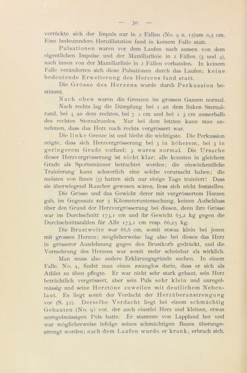 verrtickte sich der Impuls nur in 2 Fallen (No. 9 u, i5)um 0,5 cm. Fine bedentendere Herzdilatation fand in keinem Falle statt. Pulsationen waren vor dem Laufen nach aussen von dem eigentlichen Impulse und der Mamillarlinie in 2 Fallen (3 und 4), nach innen von der Mamillarlinie in 2 Fallen vorhanden. In keinem halle veranderten sich diese Pulsationen durch das Laufen; keine bedeutende Erweiterung des Herzens fand statt. Die Grosse des Herzens wurde durch Perkussion be- stimmt. Nach oben waren die Grenzen im grossen Ganzen normal. Nach rechts lag die Dampfung bei i an dem linken Sternal- rand, bei 4 an dem rechten, bei 7 i cm und bei i 3 cm ausserhalb des rechten Sternalrandes. Nur bei dem letzten kann man an- nehmen, dass das Herz nach rechts vergrossert war. Die linke Grenze ist und bleibt die wichtigste. Die Perkussion zeigte, dass sich Herzvergrbsserung bei 3 in hoherem, bei 3 in geringerem Grade vorfand; 3 waren normal. Die Ursache dieser Herzvergrosserung ist nicht klar; alle konnten in gleichem Grade als Sportsmanner betrachtet werden; die einwochentliche Trainierung kann schwerlich eine solche verursacht haben; die meisten von ihnen (5) hatten sich nur einige Tage trainiert! Dass sie ubervviegend Rancher gewesen waren, liess sich nicht feststellen. Die Grosse und das Gewicht derer mit vergrossertem Herzen gab, im Gegensatz zur 5 Kilometeruntersuchung, keinen Aufschluss liber den Grund der Herzvergrosserung bei diesen, denn ihre Grosse war im Durchschnitt 173,1 cm und ihr Gewicht 65,2 kg gegen die Durchschnittszahlen fur Alle 173,1 cm resp. 66,25 kg. Die Brustweite war 86,6 cm, somit etwas klein bei jenen mit grossen Herzen; moglicherweise lag also bei diesen das Herz in grosserer Ausdehnung gegen den Brustkorb gedruckt, und die Vermehrung des Herzens war somit mehr scheinbar als wirklich. Man muss also andere Erklarungsgrunde suchen. In einem Falle, No. 4, findet man einen zwanglos darin, dass er sich als Athlet zu tiben pflegte. Er war nicht sehr stark gebaut, sein Herz betrachtlich vergrossert, aber sein Puls sehr klein und unregel- massig und seine Herztone zuweilen mit deutlichem Neben- laut. Es liegt somit der Verdacht der Herzuberanstrengung vor (S. 32). Derselbe Verdacht liegt bei einem schmachtig Gebauten (No. 9) vor, der auch einerlei Herz und kleinen, etwas unregelmassigen Puls hatte. Er stammte von Lappland her und war moglicherweise infolge seines schmachtigen Baues uberange- strengt worden; nach dem Laufen wurde er krank, erbrach sich.