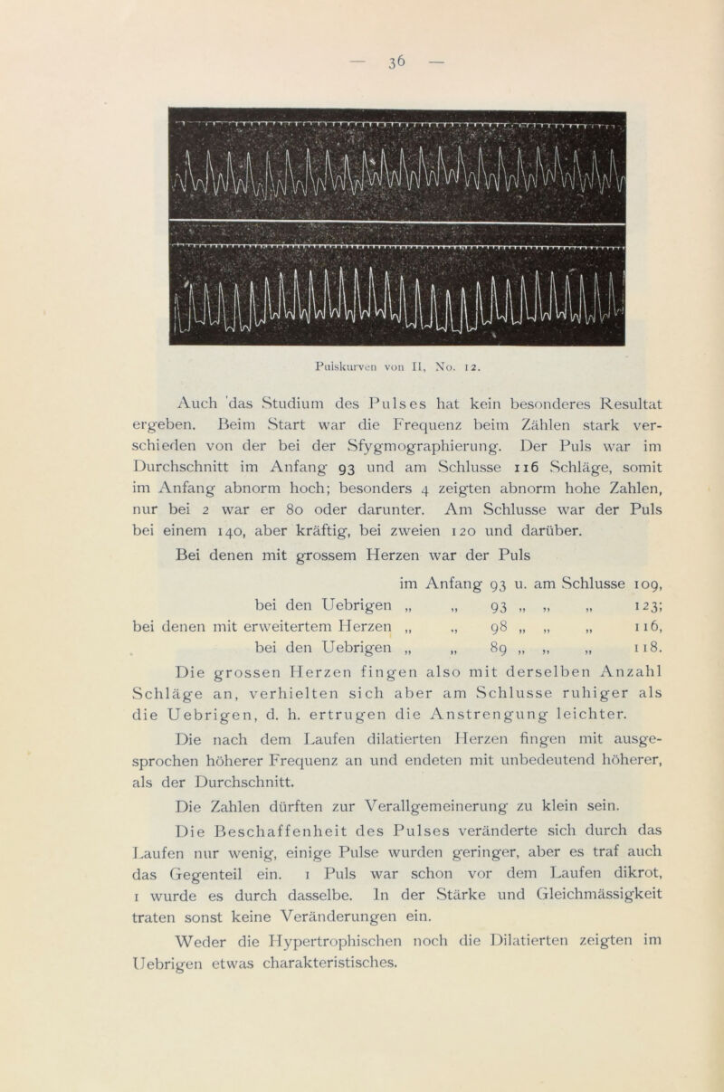 Piiiskurven von II, No. 12. Auch 'das vStudium des Pulses hat kein besonderes Resultat ergeben. Beim Start war die P'requenz beim Zahlen stark ver- schieden von der bei der Sfygmographierung. Der Puls war im Durchschnitt im Anfang 93 und am vSchlusse 116 Schlage, somit im Anfang abnorm hoch; besonders 4 zeigten abnorm hohe Zahlen, nur bei 2 war er 80 oder darunter. Am Schlusse war der Puls bei einem 140, aber kraftig, bei zweien 120 und dartiber. Bei denen mit grossem Herzen war der Puls im Anfang 93 u. am Schlusse 109, bei den Uebrigen „ „ 93 „ „ „ 123; bei denen mit erweitertem Herzen „ „ 98 „ „ „ 116, bei den Uebrigen „ „ 89 „ „ „ 118, Die grossen Herzen fingen also mit derselben Anzahl Schlage an, verhielten sich aber am Schlusse ruhiger als die Uebrigen, d. h, ertrugen die Anstrengung leichter. Die nach dem Laufen dilatierten Herzen fingen mit ausge- sprochen hoherer Frequenz an und endeten mit unbedeutend hoherer, als der Durchschnitt. Die Zahlen diirften zur Verallgemeinerung zu klein sein. Die Beschaffenheit des Pulses veranderte sich durch das Laufen nur wenig, einige Pulse wurden geringer, aber es traf auch das Gegenteil ein. i Puls war schon vor dem Laufen dikrot, I wurde es durch dasselbe. In der Starke und Gleichmassigkeit traten sonst keine Veranderungen ein. Weder die Hypertrophischen noch die Dilatierten zeigten im Uebrigen etwas charakteristisches.