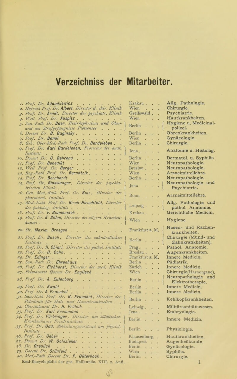 Verzeichniss der Mitarbeiter /. Prof. Dr. Adamkiewicz 2. Hofrath Prof.Dr. Albert, Director d. chir. Klinik j. Prof. Dr. Arndt, Director der psychiatr. Klinik 4. Weil. Prof. Dr. Au spitz y. San.-Path Dr. ßaer, Bezirksphysicus und Ober- arzt am Strafgefängnisse Plötzensee . . . . 6. Docent Dr. B. Baginsky 7. Prof. Dr. Bandl <?. Geh. Ober-Med.-Rath Prof. Dr. Bardeleben . g. Prof. Dr. Kar! Bardeleben, Prosector des anat. Instituts !o. Docent Dr. G. Behrend ir. Prof. Dr. Benedikt 12. Weil. Prof. Dr. Berger /j>. Reg.-Rath Prop. Dr. Bernatzik 14. Prof. Dr. Bernhardt ty. Prof. Dr. Binswanger, Director der psychia- trischen Klinik ib. Geh. Med.-Rath Prof. Dr. Binz, Director des pharjtiacol. Instituts tj. Med.-Rath Prof. Dr. Birch-Hirschfeld, Director des patholog. Instituts 18. Prof. Dr. V. Blumenstok /g. Prof. Dr. K. Böhm, Director des allgem. Kranken- hauses Krakau Wien Greifswald Wien I Berlin Berlin Wien Berlin I Jena . Berlin Wien Breslau Wien Berlin j Jena I Bonn I Leipzig Krakau j Wien 20. Dr. Maxim. Bresgen Frankfurt a. W 2/. Prof. Dr. Busch, Director des zahnärztlichen 1 „ ,. InstiHcts I • • 22. Prof. Dr. H. Chiari, Director des pathol. Instituts Prag. 2j. Prof. Dr. H. Cohn Breslau . . 24. Dr. Edinger Frankfurt a. M 2y. San.-Rath Dr. Ehrenhaus Berlin , 26. Prof. Dr. Eichhorst, Director der med. Klinik Zürich . 2j, Primararzt Docent Dr. Englisch Wien 28. Prof. Dr. A. Eulenburg Berlin . . 2g. Prof. Dr. Ewald JO. Prof. Dr. A. Fraenke! jr. San.-Rath Prof. Dr. B. Fraenke!, Director der | Poliklinik für Hals- und Nasenkrankheiten . . f g2. Oberstabsarzt Dr. H. Frölich jj. Prof. Dr. Kar! Frommann J4. Prof. Dr. Fürbringer, Director am städtischer. 1 Krankenhause Friedrichshain .... . j jy. Prof. Dr. Gad, Abtheilungsvorstand am physiol. y Institute J jb. Prof. Dr. Geber yj. Docent Dr. W. Goldzieher y8. Dr. Greulich jg. Docent Dr. Grünfeld 40. Med.-Rath Docent Dr. P. Güterbock .... Berlin . Berlin . Berlin . Leipzig . Jena . . . Berlin Berlin . . Klausenburg Budapest . Berlin . Wien . . Berlin . Allg. Pathologie. Chirurgie. Psychiatrie. Hautkrankheiten. I Hygiene u. Medicinal- I polizei. Ohrenkrankheiten. Gynäcologie. Chirurgie. Anatomie u. Histolog. Dermatol, u. Syphilis. Neuropathologie. Neuropathologie. Arzneimittellehre. Neuropathologie. I Neuropathologie und \ Psychiatrie. Arzneimittellehre. f Allg. Pathologie und \ pathol. Anatomie. Gerichtliche Medicin. Hygiene. f Nasen- und Rachen- \ krankheiten. I Chirurgie (Mund- und I Zahnkrankheiten). Pathol. Anatomie. Augenkrankheiten. Innere Medicin. Pädiatrik. Innere Medicin. Chirurgie(Harnorgane). I Neuropathologie und j Elektrotherapie. Innere Medicin. Innere Medicin. Kehlkopfkrankheiten. Militärsanitätswesen. Embryologie. Innere Medicin. Physiologie. Hautkrankheiten. Augenheilkunde Gynäcologie. Syphilis. Chirurgie.