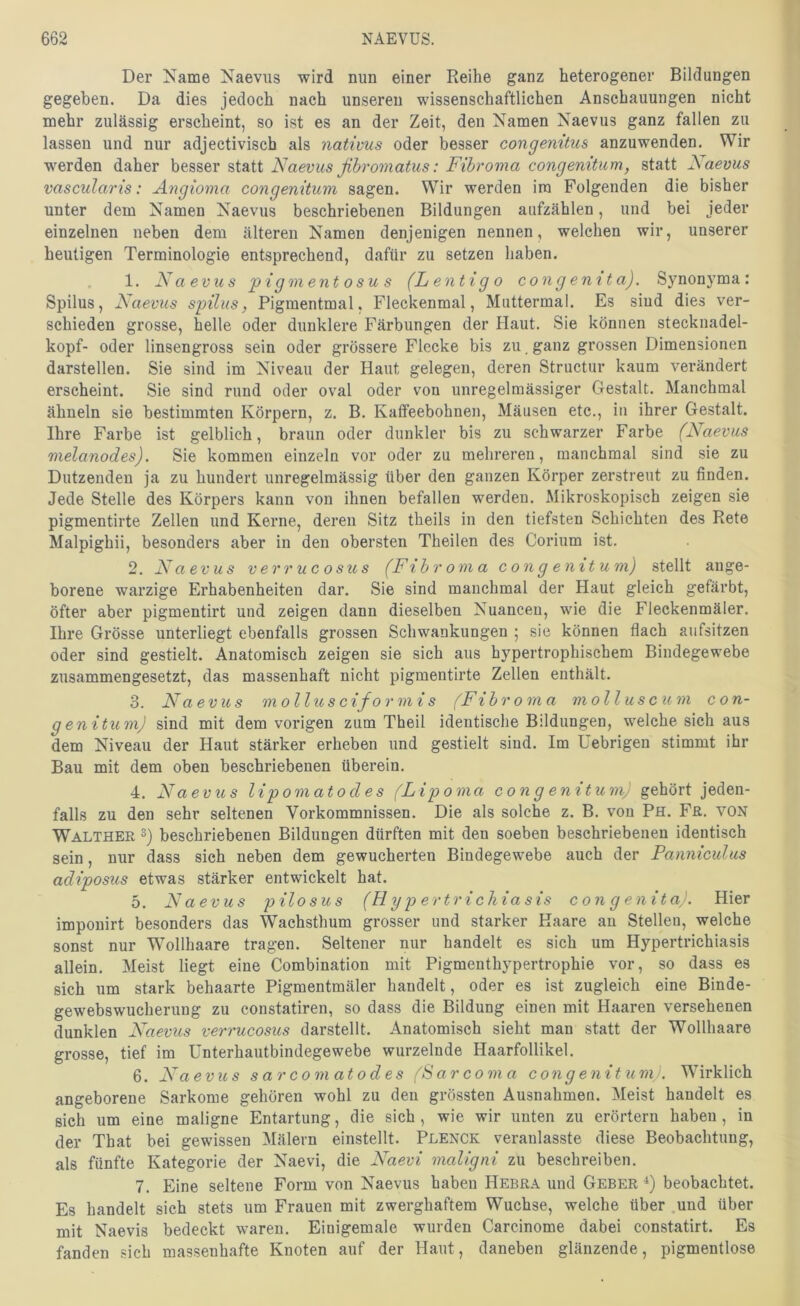 Der Name Naevus wird nun einer Reihe ganz heterogener Bildungen gegeben. Da dies jedoch nach unseren wissenschaftlichen Anschauungen nicht mehr zulässig erscheint, so ist es an der Zeit, den Namen Naevus ganz fallen zu lassen und nur adjectiviscb als nativus oder besser congenitus anzuwenden. Wir werden daher besser statt Naevus ßbromatus: Fibroma congenitiim, statt Naevus vascularis: Angioma congenitiim sagen. Wir werden im Folgenden die bisher unter dem Namen Naevus beschriebenen Bildungen aufzählen, und bei jeder einzelnen neben dem älteren Namen denjenigen nennen, welchen wir, unserer heutigen Terminologie entsprechend, dafür zu setzen haben. 1. Naevus 'pigmentosus (Lentigo congenita). Synonyma: Spilus, Naevus spiliis, Pigmentmal. Fleckenmal, Muttermai. Es sind dies ver- schieden grosse, helle oder dunklere Färbungen der Haut. Sie können stecknadel- kopf- oder linsengross sein oder grössere Flecke bis zu. ganz grossen Dimensionen darstellen. Sie sind im Niveau der Haut gelegen, deren Structiir kaum verändert erscheint. Sie sind rund oder oval oder von unregelmässiger Gestalt. Manchmal ähneln sie bestimmten Körpern, z. B. Kaffeebohnen, Mäusen etc., in ihrer Gestalt. Ihre Farbe ist gelblich, braun oder dunkler bis zu schwarzer Farbe (Naevus melanodes). Sie kommen einzeln vor oder zu mehreren, manchmal sind sie zu Dutzenden ja zu hundert unregelmässig über den ganzen Körper zerstreut zu finden. Jede Stelle des Körpers kann von ihnen befallen werden. Mikroskopisch zeigen sie pigmentirte Zellen und Kerne, deren Sitz theils in den tiefsten Schichten des Rete Malpighii, besonders aber in den obersten Theilen des Corium ist. 2. Naevus verrucosus (Fibroma cong enitum) stellt ange- borene warzige Erhabenheiten dar. Sie sind manchmal der Haut gleich gefärbt, öfter aber pigmentirt und zeigen dann dieselben Nuancen, wie die Fleckenmäler. Ihre Grösse unterliegt ebenfalls grossen Schwankungen 5 sie können flach aufsitzen oder sind gestielt. Anatomisch zeigen sie sich aus hypertrophischem Bindegewebe zusammengesetzt, das massenhaft nicht pigmentirte Zellen enthält. 3. Naevus mollusciformis (Fibroma molluscum con- genitum) sind mit dem vorigen zum Theil identische Bildungen, welche sich aus dem Niveau der Haut stärker erheben und gestielt sind. Im üebrigen stimmt ihr Bau mit dem oben beschriebenen überein. 4. Naevus lipomatocles (Lipoma cong enitum) gehört jeden- falls zu den sehr seltenen Vorkommnissen. Die als solche z. B. von Ph. Fr. von Walther beschriebenen Bildungen dürften mit den soeben beschriebenen identisch sein, nur dass sich neben dem gewucherten Bindegewebe auch der Panniculus adiposus etwas stärker entwickelt hat. 5. Naevus pilosus (H y p ertrichia sis congenita). Hier impouirt besonders das Wachsthum grosser und starker Haare an Stellen, welche sonst nur Wollhaare tragen. Seltener nur handelt es sich um Hypertrichiasis allein. Meist liegt eine Combination mit Pigmenthypertrophie vor, so dass es sich um stark behaarte Pigmentmäler handelt, oder es ist zugleich eine Binde- gewebswucherung zu constatiren, so dass die Bildung einen mit Haaren versehenen dunklen Naevus verrucosus darstellt. Anatomisch sieht man statt der Wollhaare grosse, tief im Unterhautbindegewebe wurzelnde Haarfollikel. 6. Naevus sarcomatodes (8ar coma cong enitum). Wirklich angeborene Sarkome gehören wohl zu den grössten Ausnahmen. Meist handelt es sich um eine maligne Entartung, die sich , wie wir unten zu erörtern haben , in der That bei gewissen Mälern einstellt. Plenck veranlasste diese Beobachtung, als fünfte Kategorie der Naevi, die Naevi maligni zu beschreiben. 7. Eine seltene Form von Naevus haben Hebra und Geber beobachtet. Es handelt sich stets um Frauen mit zwerghaftem Wüchse, welche über und über mit Naevis bedeckt waren. Einigemale wurden Carcinome dabei constatirt. Es fanden sich massenhafte Knoten auf der Haut, daneben glänzende, pigmentlose