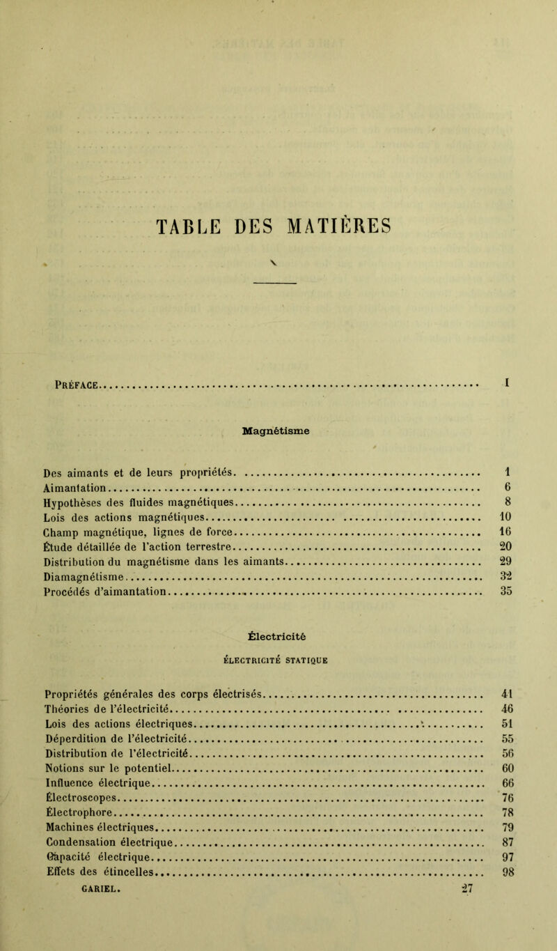 TABLE DES MATIÈRES V Préface I Magnétisme Des aimants et de leurs propriétés 1 Aimantation 6 Hypothèses des fluides magnétiques 8 Lois des actions magnétiques 10 Champ magnétique, lignes de force 16 Étude détaillée de l’action terrestre 20 Distribution du magnétisme dans les aimants 29 Diamagnétisme 32 Procédés d’aimantation .. 35 Électricité ÉLECTRICITÉ STATIQUE Propriétés générales des corps électrisés 41 Théories de l’électricité 46 Lois des actions électriques ”. 51 Déperdition de l’électricité 55 Distribution de l’électricité 56 Notions sur le potentiel 60 Influence électrique 66 Électroscopes 76 Électrophore 78 Machines électriques 79 Condensation électrique 87 Gàpacité électrique 97 Effets des étincelles 98 GARIEL. 27