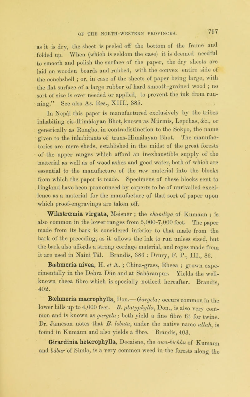 707 a.s it i.s (.li’yj the sheet is peeled oft the hottoni of the fniuie and. folded up. When (wliich is seldom the case) it is deemed needful to smooth and polish the surface of the pa[)er, the dry sheets are laid on wooden boards and rubbed, with the convex entire side of the couchshell ; or, in case of the sheets of pa})er being large, with the flat surface of a large rubber of hard smooth-grained wood ; no sort of size is ever neetled or applied, to prevent the ink from run- ning.” See also As. lies., Xlll., 385. In Nepiil this paper is manufactured exclusively by the tribes inhabiting cis-Himalayan Bhot, known as Miirmis, Lepchas, &c., or generically as Rongbo, in contradistinction to the Sokpo, the name given to the inhabitants of trans-Himiilayan Bhot. The manufac- tories are mere sheds, established in the midst of the great forests of the upper ranges which afford an inexhaustible sui)ply of the material as well as of wood ashes and good water, both of which are essential to the manufacture of the raw material into the blocks from which the paper is made. Specimens of these blocks sent to England have been pronounced by experts to be of unrivalled excel- lence as a material for the manufacture of that sort of paper upon which proof-engravings are taken off. WikstrcEmia virgata, Meisner ; the chamliya of Kumaun ; is also common in the lower ranges from 5,000-7,000 feet. The paper made from its bark is considered inferior to that made from the bark of the preceding, as it allow's the ink to run unless sized, but the bark also affords a strong cordage material, and ropes made from it are used in Naini Tab Brandis, 386 : Drury, F. P., III., 86. Boehmeria nivea, H. et A. ; China-grass, Rheea ; grown expe- rimentally in the Dehra Dun and at Saharanpur. Yields the well- known rheea fibre which is specially noticed hereafter. Brandis, 402. Bcehmeria macrophylla, Don.— GargeJa; occurs common in the lower hills up to 4,000 feet. B. platyphylla, Don., is also very com- mon and is known as gargela; both yield a fine fibre fit for twine. Dr. Jameson notes that B. lobata, under the native name uUa/i, is found in Kumaun and also yields a fibre. Brandis, 403. Girardinia heterophylla, Decaisne, the ajva-bichhu of Kumaun and hdhar oi Simla, is a very common weed in the forests along the
