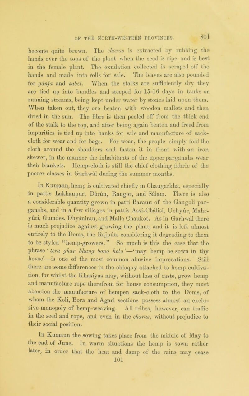 become quite brown. The charas is extracted Ijy rubbing the hands over the tops of the plant when the seed is ripe and is best in the female plant. The exudation collected is scraped off the hands and made into rolls for sale. The leaves are also pounded for gdnja and sahzL When the stalks are sufficiently dry they are tied up into bundles and steeped for 15-16 days in tanks or running streams, being kept under water by stories laid upon them. When taken out, they are beaten with wooden mallets and then dried in the sun. The fibre is then peeled off from the thick end of the stalk to the top, and after being again beaten and freed from impurities is tied up into hanks for sale and manufacture of sack- cloth for wear and for bags. For wear, the jjeople simply fold the cloth around the shoulders and fasten it in front with an iron skewer, in the manner the inhabitants of the ripper parganahs wear their blankets. Hemp-cloth is still the chief clothing fabric of the poorer classes in Garhwal during the summer months. In Kumaun, hemp is cultivated chiefly in Chaugarkha, especially in pattis Lakhanpur, Darun, Rangor, and Salam. There is also a considerable quantity grown in patti Baraun of the Gangoli par- ganahs, and in a few villages in pattis Assi-Chalisi, Uchyur, Mahr- yuri, Gumdes, Dhyanirau, and Malla Chaukot. As in Garhwal there is much prejudice against growing the plant, and it is left almost entirely to the Doins, the Rajputs considering it degrading to them to be styled “hemp-growers.” So much is this the case that the phrase ^ tera ghar hliang bono holo'—^may hemp be sown in thy house’—is one of the most common abusive imprecations. Still there are some differences in the obloquy attached to hemp cultiva- tion, for whilst the Khasiyas may, without loss of caste, grow hemp and manufacture rope therefrom for house consumption, they must abandon the manufacture of hempen sack-cloth to the Dorns, of whom the Koli, Bora and Agari sections possess almost an exclu- sive monopoly of hemp-weaving. All tribes, however, can traffic in the seed and rope, and even in the charas, without prejudice to their social position. In Kumaun the sowing takes place from the middle of May to the end of June. In warm situations the hemp is sown rather later, in order that the heat and damp of the rains may cease 101