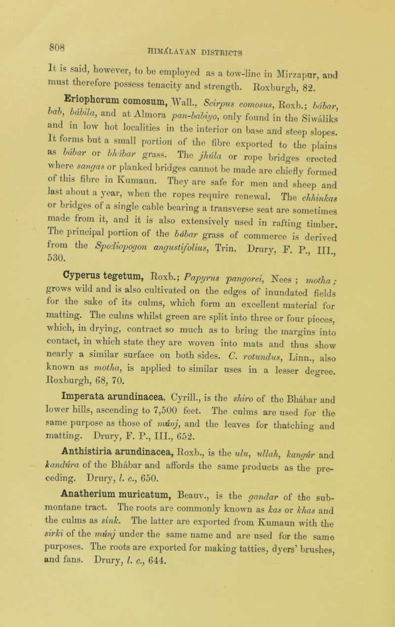 It IS said, however, to be employed as a tow-line in l\Iirzapnr, and must therefore possess tenacity and strength. Roxburgh, 82. 7 Scirpus cowios?/.s, Roxb.; hdhar, bab hahla, and at Ahnora pan-haUyo, only found in the Siwaliks anc in Ioav hot localities in the interior on base and steep slopes. It forms but a small portion of the fibre exported to the plains as hdbar or hMhar grass. The jMla or rope bridges erected where sangas or planked bridges cannot be made are chiefly formed of this fibre in Kumaun. They are safe for men and sheep and last about a year, when the ropes reipiire renewal. The chhinkas or bridps of a single cable bearing a transverse seat are sometimes made from it, and it is also extensively used in rafting timber. The principal portion of the hdhar grass of commerce is derived from the Spodiopogon angustifolius, Trin. Drury F P ITT 530. ' ’ Cyperus tegetum, Uo^h.i Papyrus pangorei, Fees; motha; grows wild and is also cultivated on the edges of inundated fields for the sake of its culms, which form an excellent material for matting. The culms whilst green are split into three or four pieces, which, in drying, contract so much as to bring the margins into contact, in which state they are woven into mats and thus show nearly a similar surface on both sides. C. rotundas, Linn., also known as motha, is applied to similar uses in a lesser deoree. Roxburgh, 68, 70. ° Imperata arundinacea, Cyril!., is the shiro of the Bhabar and lower hills, ascending to 7,500 feet. The culms are used for the same purpose as those of munj, and the leaves for thatching and matting. Drury, F. P., III., 652. Anthistiria arundinacea, Roxb., is the idu, nllah, hangdr and handura of the Bhabar and affords the same products as the pre- ceding. Drury, 1. c., 650. Anatherium muricatum, Beauv., is the gandar of the sub- montane tract. The roots are commonly known as kas or khas and the culms as sink. The latter are exported from Kumaun with the sirki of the mdnj under the same name and are used for the same purposes. The roots are exported for making tatties, dyers’ brushes, and fans. Drury, 1. c., 644.