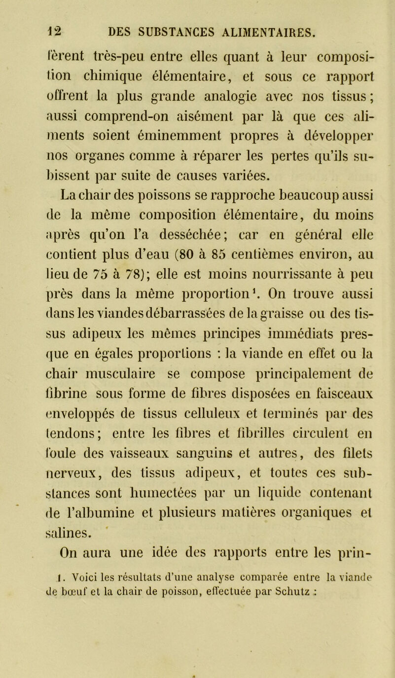fèrent très-peu entre elles quant à leur composi- tion chimique élémentaire, et sous ce rapport offrent la plus grande analogie avec nos tissus ; aussi comprend-on aisément par là que ces ali- ments soient éminemment propres à développer nos organes comme à réparer les pertes qu’ils su- bissent par suite de causes variées. La chair des poissons se rapproche beaucoup aussi de la même composition élémentaire, du moins après qu’on l’a desséchée; car en général elle contient plus d’eau (80 à 85 centièmes environ, au lieu de 75 à 78); elle est moins nourrissante à peu près dans la même proportion1. On trouve aussi dans les viandes débarrassées de la graisse ou des tis- sus adipeux les mêmes principes immédiats pres- que en égales proportions : la viande en effet ou la chair musculaire se compose principalement de fibrine sous forme de fibres disposées en faisceaux enveloppés de tissus celluleux et terminés par des tendons; entre les fibres et fibrilles circulent en foule des vaisseaux sanguins et autres, des filets nerveux, des tissus adipeux, et toutes ces sub- stances sont humectées par un liquide contenant de l’albumine et plusieurs matières organiques et salines. On aura une idée des rapports entre les prin- 1. Voici les résultats d’une analyse comparée entre la viande de bœuf et la chair de poisson, elfectuée par Schutz :