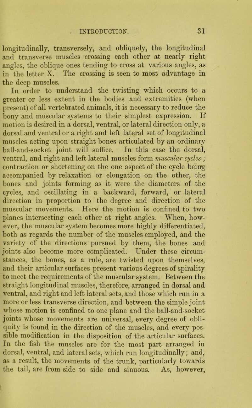 longitudinally, transversely, and obliquely, the longitudinal and transverse muscles crossing each other at nearly right angles, the oblique ones tending to cross at various angles, as in the letter X. The crossing is seen to most advantage in the deep muscles. In order to understand the twisting which occurs to a greater or less extent in the bodies and extremities (when present) of all vertebrated animals, it is necessary to reduce the bony and muscular systems to their simplest expression. If motion is desired in a dorsal, ventral, or lateral direction only, a dorsal and ventral or a right and left lateral set of longitudinal muscles acting upon straight bones articulated by an ordinary ball-and-socket joint will suffice. In this case the dorsal, ventral, and right and left lateral muscles form muscular cycles ; contraction or shortening on the one aspect of the cycle being accompanied by relaxation or elongation on the other, the bones and joints forming as it were the diameters of the cycles, and oscillating in a backward, forward, or lateral direction in proportion to the degree and direction of the muscular movements. Here the motion is confined to two planes intersecting each other at right angles. When, how- ever, the muscular system becomes more highly differentiated, both as regards the number of the muscles employed, and the variety of the directions pursued by them, the bones and joints also become more complicated. Under these circum- stances, the bones, as a rule, are twisted upon themselves, and their articular surfaces present various degrees of spirality to meet the requirements of the muscular system. Between the straight longitudinal muscles, therefore, arranged in dorsal and ventral, and right and left lateral sets, and those which run in a more or less transverse direction, and between the simple joint whose motion is confined to one plane and the ball-and-socket joints whose movements are universal, every degree of obli- quity is found in the direction of the muscles, and every pos- sible modification in the disposition of the articular surfaces. In the fish the muscles are for the most part arranged in dorsal, ventral, and lateral sets, which run longitudinally; and, as a result, the movements of the trunk, particularly towards the tail, are from side to side and sinuous. As, however,