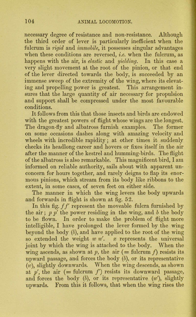 necessary degree of resistance and non-resistance. Although the third order of lever is particularly inefficient when the fulcrum is rigid and immobile, it possesses singular advantages when these conditions are reversed, i.e. when the fulcrum, as happens with the air, is elastic and yielding. In this case a very slight movement at the root of the pinion, or that end of the lever directed towards the body, is succeeded by an immense sweep of the extremity of the wing, where its elevat- ing and propelling power is greatest. This arrangement in- sures that the large quantity of air necessary for propulsion and support shall be compressed under the most favourable conditions. It follows from this that those insects and birds are endowed with the greatest powers of flight whose wings are the longest. The dragon-fly and albatross furnish examples. The former on some occasions dashes along with amazing velocity and wheels with incredible rapidity; at other times it suddenly checks its headlong career and hovers or fixes itself in the air after the manner of the kestrel and humming-birds. The flight of the albatross is also remarkable. This magnificent bird, I am informed on reliable authority, sails about with apparent un- concern for hours together, and rarely deigns to flap its enor- mous pinions, which stream from its body like ribbons to the extent, in some cases, of seven feet on either side. The manner in which the wing levers the body upwards and forwards in flight is shown at fig. 52. In this fig.//' represent the moveable fulcra furnished by the air; p p' the power residing in the wing, and b the body to be flown. In order to make the problem of flight more intelligible, I have prolonged the lever formed by the wing beyond the body (b), and have applied to the root of the wing so extended the weight w id. x represents the universal joint by which the wing is attached to the body. When the wing ascends, as shown at p, the air (= fulcrum /) resists its upward passage, and forces the body (b), or its representative (w), slightly downwards. When the wing descends, as shown at p', the air (= fulcrum /') resists its downward passage, and forces the body (b), or its representative (id), slightly upwards. From this it follows, that when the wing rises the