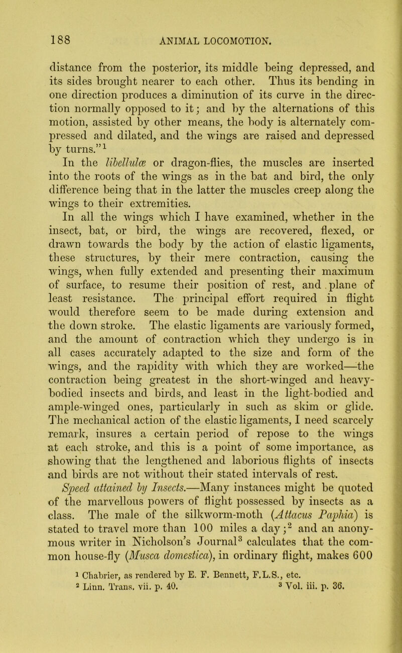 distance from the posterior, its middle being depressed, and its sides brought nearer to each other. Thus its bending in one direction produces a diminution of its curve in the direc- tion normally opposed to it; and by the alternations of this motion, assisted by other means, the body is alternately com- pressed and dilated, and the wings are raised and depressed by turns.”1 In the libellulce or dragon-flies, the muscles are inserted into the roots of the wings as in the bat and bird, the only difference being that in the latter the muscles creep along the wings to their extremities. In all the wings which I have examined, whether in the insect, bat, or bird, the wings are recovered, flexed, or drawn towards the body by the action of elastic ligaments, these structures, by their mere contraction, causing the wings, when fully extended and presenting their maximum of surface, to resume their position of rest, and . plane of least resistance. The principal effort required in flight would therefore seem to be made during extension and the down stroke. The elastic ligaments are variously formed, and the amount of contraction wdiich they undergo is in all cases accurately adapted to the size and form of the wings, and the rapidity with which they are worked—the contraction being greatest in the short-winged and heavy- bodied insects and birds, and least in the light-bodied and ample-winged ones, particularly in such as skim or glide. The mechanical action of the elastic ligaments, I need scarcely remark, insures a certain period of repose to the wings at each stroke, and this is a point of some importance, as showing that the lengthened and laborious flights of insects and birds are not without their stated intervals of rest. Speed attained by Insects.—Many instances might be quoted of the marvellous powers of flight possessed by insects as a class. The male of the silkworm-moth (Attacus Paphia) is stated to travel more than 100 miles a clay;2 and an anony- mous writer in Nicholson’s Journal3 calculates that the com- mon house-fly (Musca dom,estica), in ordinary flight, makes 600 1 Chabrier, as rendered by E. F. Bennett, F.L.S., etc. 2 Linn. Trans, vii. p. 40. 3 Yol. iii. p. 36.