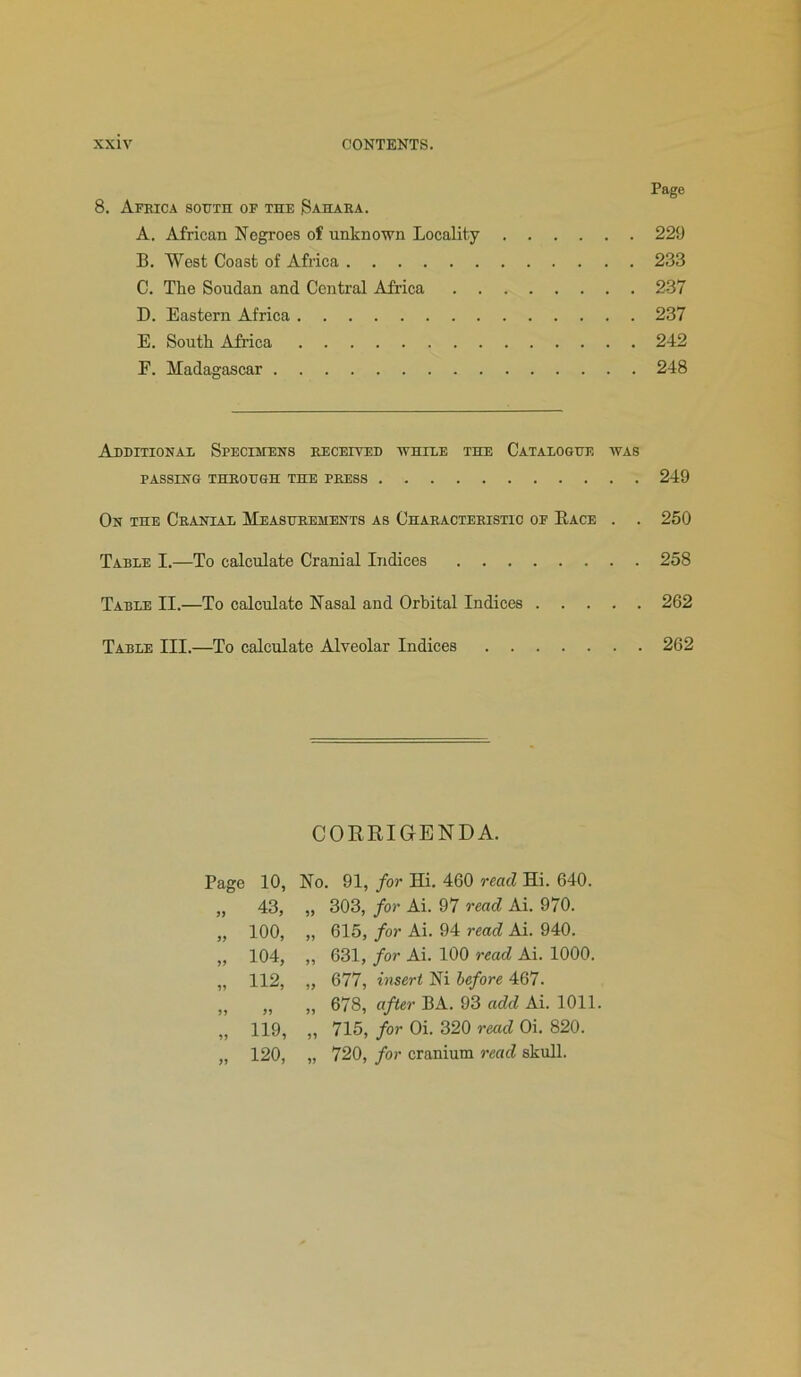 Page 8. Africa south of the Sahara. A. African Negroes of unknown Locality 229 B. West Coast of Africa 233 C. The Soudan and Central Africa 237 D. Eastern Africa 237 E. South Africa 242 E. Madagascar 248 Additional Specimens received while the Catalogue was PASSING THROUGH THE PRESS 249 On the Cranial Measurements as Characteristic of Race . . 250 Table I.—To calculate Cranial Indices 258 Table II.—To calculate Nasal and Orbital Indices 262 Table III.—To calculate Alveolar Indices 262 CORRIGENDA. Page 10, No. 91, for Hi. 460 read Hi. 640. „ 43, „ 303, for Ai. 97 read Ai. 970. „ 100, „ 615, for Ai. 94 read Ai. 940. „ 104, „ 631, for Ai. 100 read Ai. 1000. „ 112, „ 677, insert Ni before 467. „ „ „ 678, after BA. 93 add Ai. 1011. „ 119, „ 715, for Oi. 320 read Oi. 820. 120, „ 720, for cranium read skull.