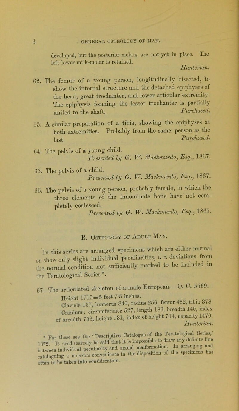 developed, but the posterior molars are not yet in place. The left lower milk-molar is retained. Hunterian. 1)2. The femur of a young person, longitudinally bisected, to show the internal structure and the detached epiphyses of the head, great trochanter, and lower articular extremity. The epiphysis forming the lesser trochanter is partially united to the shaft. Purchased. G3. A similar preparation of a tibia, showing the epiphyses at both extremities. Probably from the same person as the |ag^ Purchased. (54. The pelvis of a young child. Presented by G. W. Mackmurdo, Esq., 1867. 65. The pelvis of a child. Presented by G. W. Mackmurdo, Esq., 1867. 66. The pelvis of a young person, probably female, in which the three elements of the innominate bone have not com- pletely coalesced. Presented by G. W. Mackmurdo, Esq., 1867. B. Osteology of Adult Man. In this series are arranged specimens which are either normal or show only slight individual peculiarities, i. e. deviations from the normal condition not sufficiently marked to be included in the Teratological Series*. 67. The articulated skeleton of a male European. 0. C. 5569. Height 1715=5 feet 7-5 inches. . Clavicle 157, humerus 340, radius 256, femur 4S2, tibia 3/8. Cranium : circumference 527, length 186, breadth 140, index of breadth 753, height 131, index of height 704, capacity 1470. Hunterian. * For these see the ‘Descriptive Catalogue of the Teratological Senes,’ 1872 It need scarcely be said that it is impossible to draw any definite line between individu al peculiarity and actual malformation In arranging and cataloguing a museum convenience in the disposition of the specimens has often to be taken into consideration.