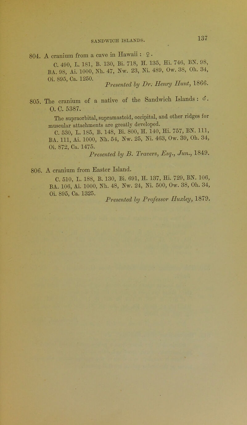 SANDWICH ISLANDS. 804. A cranium from a cave in Hawaii: 5 • C. 490, L. 181, B. 130, Bi. 718, H. 135, Hi. 746, BN. 98, BA. 98, Ai. 1000, Nh. 47, Nw. 23, Ni. 489, Ow. 38, Oh. 34, Oi. 895, Ca. 1250. Presented by Dr. Henry Hunt, 1866. 805. The cranium of a native of the Sandwich Islands . d. 0. C. 5387. The supraorbital, supramastoid, occipital, and other ridges for muscular attachments are greatly developed. C. 530, L. 185, B. 148, Bi. 800, H. 140, Hi. 757, BN. Ill, BA. Ill, Ai. 1000, Nh. 54, Nw. 25, Ni. 463, Ow. 39, Oh. 34, 01. 872, Ca. 1475. Presented by B. Travers, Esq., Jun., 1849. 806. A cranium from Easter Island. C. 510, L. 188, B. 130, Bi. 691, H. 137, Hi. 729, BN. 106, BA. 106, Ai. 1000, Nh. 48, Nw. 24, Ni. 500, Ow. 38, Oh. 34, Oi. 895, Ca. 1325.