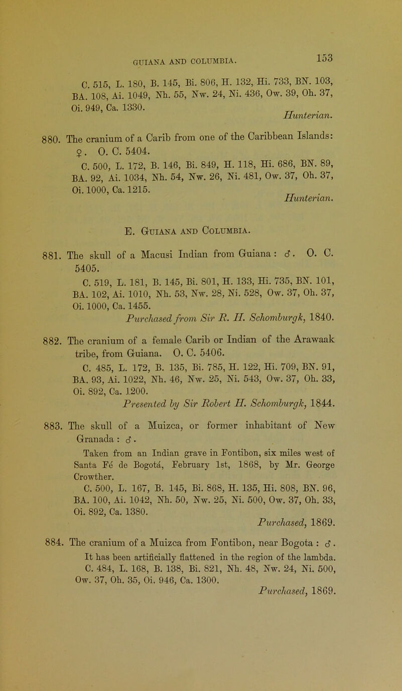 GUIANA AND COLUMBIA. C. 515, L. 180, B. 145, Bi. 806, H. 132, Hi. 733, BIST. 103, BA. 108, Ai. 1049, Nh. 55, Nw. 24, Ni. 436, Ow. 39, Oh. 37, Oi. 949, Ca. 1330. Hunterian. 880. The cranium of a Carib from one of the Caribbean Islands: 5 . O. C. 5404. C. 500, L. 172, B. 146, Bi. 849, H. 118, Hi. 686, BN. 89, BA. 92, Ai. 1034, Nh. 54, Nw. 26, Ni. 481, Ow. 37, Oh. 37, Oi. 1000, Ca. 1215. Hunterian. E. Guiana and Columbia. 881. The skull of a Macusi Indian from Guiana : 6. O. C. 5405. C. 519, L. 181, B. 145, Bi. 801, H. 133, Hi. 735, BN. 101, BA. 102, Ai. 1010, Nh. 53, Nw. 28, Ni. 528, Ow. 37, Oh. 37, Oi. 1000, Ca. 1455. Purchased from Sir P. II. Schomburgk, 1840. 882. The cranium of a female Carib or Indian of the Arawaak tribe, from Guiana. O. C. 5406. C. 485, L. 172, B. 135, Bi. 785, H. 122, Hi. 709, BN. 91, BA. 93, Ai. 1022, Nh. 46, Nw. 25, Ni. 543, Ow. 37, Oh. 33, Oi. 892, Ca. 1200. Presented by Sir Robert II. Schomburgk, 1844. 883. The skull of a Muizca, or former inhabitant of New Granada: B• Taken from an Indian grave in Fontibon, six miles west of Santa Fe de Bogota, February 1st, 1868, by Mr. George Crowther. C. 500, L. 167, B. 145, Bi. 868, H. 135, Hi. 808, BN. 96, BA. 100, Ai. 1042, Nh. 50, Nw. 25, Ni. 500, Ow. 37, Oh. 33, Oi. 892, Ca. 1380. Purchased, 1869. 884. The cranium of a Muizca from Fontibon, near Bogota : <5. It has been artificially flattened in the region of the lambda. C. 484, L. 168, B. 138, Bi. 821, Nh. 48, Nw. 24, Ni. 500, Ow. 37, Oh. 35, Oi. 946, Ca. 1300.