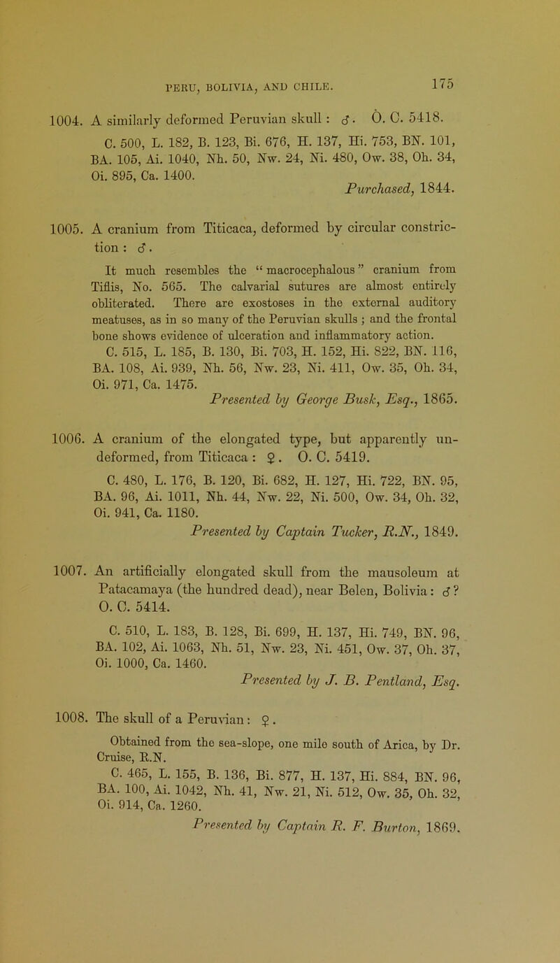 1004. A similarly deformed Peruvian skull: J. 0. C. 5418. C. 500, L. 182, B. 123, Bi. 676, H. 137, Hi. 753, BN. 101, BA. 105, Ai. 1040, Nh. 50, Nw. 24, Ni. 480, Ow. 38, Oh. 34, Oi. 895, Ca. 1400. Purchased, 1844. 1005. A cranium from Titicaca, deformed by circular constric- tion : c?. It much resembles the “ macrocephalous ” cranium from Tiflis, No. 565. The calvarial sutures are almost entirely obliterated. There are exostoses in the external auditory meatuses, as in so many of the Peruvian skulls ; and the frontal bone shows evidence of ulceration and inflammatory action. C. 515, L. 185, B. 130, Bi. 703, H. 152, Hi. 822, BN. 116, BA. 108, Ai. 939, Nh. 56, Nw. 23, Ni. 411, Ow. 35, Oh. 34, Oi. 971, Ca. 1475. Presented by George Busk, Esq., 1865. 1006. A cranium of the elongated type, but apparently un- deformed, from Titicaca : $ . O. C. 5419. C. 480, L. 176, B. 120, Bi. 682, H. 127, Hi. 722, BN. 95, BA. 96, Ai. 1011, Nh. 44, Nw. 22, Ni. 500, Ow. 34, Oh. 32, Oi. 941, Ca. 1180. Presented by Captain Tucker, R.N., 1849. 1007. An artificially elongated skull from the mausoleum at Patacamaya (the hundred dead), near Belen, Bolivia : 6 ? 0. C. 5414. C. 510, L. 183, B. 128, Bi. 699, H. 137, Hi. 749, BN. 96, BA. 102, Ai. 1063, Nh. 51, Nw. 23, Ni. 451, Ow. 37, Oh. 37, 01. 1000, Ca. 1460. Presented by J. B. Pentland, Esq. 1008. The skull of a Peruvian: 5 . Obtained from the sea-slope, one mile south of Arica, by Dr. Cruise, B.N. C. 465, L. 155, B. 136, Bi. 877, H. 137, Hi. 884, BN. 96, BA. 100, Ai. 1042, Nh. 41, Nw. 21, Ni. 512, Ow. 35, Oh. 32 Oi. 914, Ca. 1260. Presented by Captain R. F. Burton, 1869.