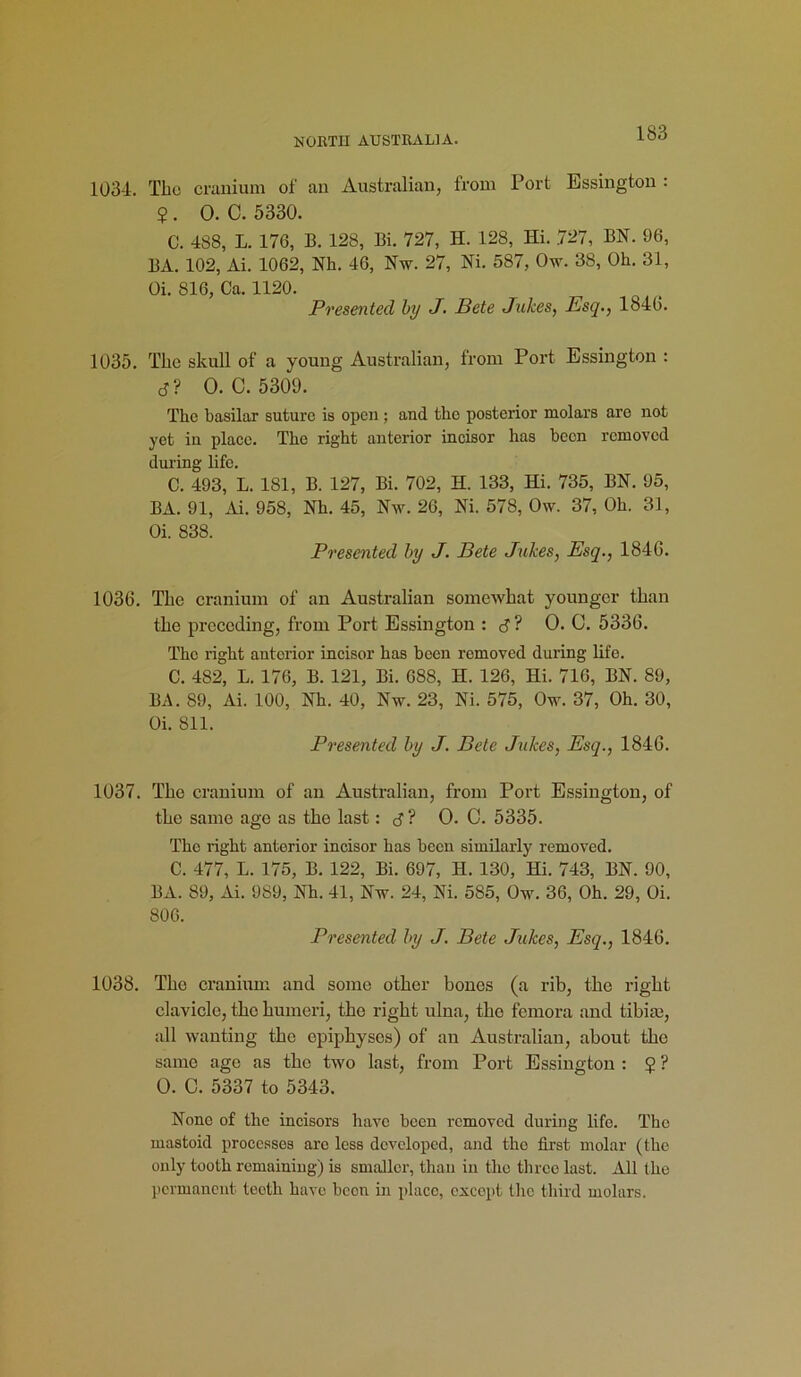 NORTH AUSTRALIA. 103-1. The cranium of an Australian, from Port Essington : ? . 0. C. 5330. C. 488, L. 176, B. 128, Bi. 727, H. 128, Hi. 727, BN. 96, BA. 102, Ai. 1062, Nk. 46, Nw. 27, Ni. 587, Ow. 38, Ok. 31, Oi. 816, Ca. 1120. Presented by J. Pete Jukes, Esq,, 184(3. 1035. The skull of a young Australian, from Port Essington : tf? O. C. 5309. Tkc kasilar suture is open ; and tkc posterior molars are not yet in place. Tke rigkt anterior incisor kas keen removed during life. C. 493, L. 181, B. 127, Bi. 702, H. 133, Hi. 735, BN. 95, BA. 91, Ai. 958, Nk. 45, Nw. 26, Ni. 578, Ow. 37, Ok. 31, Oi. 838. Presented by J. Bete Bikes, Esq., 184G. 1036. The cranium of an Australian somewhat younger than the preceding, from Port Essington id1? 0. C. 5336. Tkc rigkt anterior incisor kas been removed during life. C. 482, L. 176, B. 121, Bi. 688, H. 126, Hi. 716, BN. 89, BA. 89, Ai. 100, Nk. 40, Nw. 23, Ni. 575, Ow. 37, Ok. 30, Oi. 811. Presented by J. Bete Jukes, Esq., 1846. 1037. The cranium of an Australian, from Port Essington, of the same age as the last: <s ? O. C. 5335. Tkc rigkt anterior incisor kas been similarly removed. C. 477, L. 175, B. 122, Bi. 697, H. 130, Hi. 743, BN. 90, BA. 89, Ai. 989, Nh. 41, Nw. 24, Ni. 585, Ow. 36, Oh. 29, Oi. 806. Presented by J. Bete Jukes, Esq., 1846. 1038. The cranium and some other bones (a rib, the right clavicle, the humeri, the right ulna, tho femora and tibia;, all wanting the epiphyses) of an Australian, about the same age as the two last, from Port Essington : $ ? 0. C. 5337 to 5343. None of tke incisors have been removed during life. The mastoid processes arc less developed, and tke first molar (tke only tooth remaining) is smaller, than in tke threo last. All tke permanent teeth have beon in place, except the third molars.