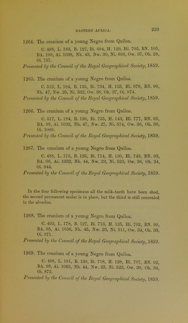 1264. The cranium of a young Negro from Quiloa. C. 498, L. 183, B. 127, Bi. 694, H. 129, Hi. 705, BN. 105, BA. 109, Ai. 1038, Nh. 43, Nw. 30, Ni. 698, Ow. 37, Oh. 28, Oi. 757. Presented by the Council of the Royal Geographical Society, 1859. 1265. The cranium of a young Negro from Quiloa. C. 513, L. 184, B. 135, Bi. 734, H. 125, Hi. 679, BN. 96, Nh. 47, Nw. 25, Ni. 532, Ow. 38, Oh. 37, Oi. 974. Presented by the Council of the Royal Geographical Society, 1859. 1266. The cranium of a young Negro from Quiloa. C. 517, L. 184, B. 139, Bi. 755, H. 143, Hi. 777, BN. 95, BA. 98, Ai. 1032, Nh. 47, Nw. 27, Ni. 574, Ow. 36, Oh. 36, Oi. 1000. Presented by the Council of the Royal Geographical Society, 1859. 1267. The cranium of a young Negro from Quiloa. C. 488, L. 175, B. 125, Bi. 714, H. 130, Hi. 743, BN. 93, BA. 96, Ai. 1032, Nh. 44, Nw. 23, Ni. 523, Ow. 36, Oh. 34, Oi. 944. Presented by the Council of the Royal Geographical Society, 1859. In the four following specimens all the milk-teeth have been shed, the second permanent molar is in place, but the third is still concealed in the alveolus. 1268. The cranium of a young Negro from Quiloa. C. 492, L. 178, B. 127, Bi. 713, H. 125, Hi. 702, BN. 90, BA. 95, Ai. 1056, Nh. 45, Nw. 23, Ni. 511, Ow. 34, Oh. 33, Oi. 971. Presented by the Council of the Royal Geographical Society, 1859. 1269. The cranium of a young Negro from Quiloa. C. 498, L. 181, B. 130, Bi. 718, H. 128, Hi. 707, BN. 92, BA. 98, Ai. 1065, Nh. 44, Nw. 23, Ni. 523, Ow. 39, Oh 34 Oi. 872. Presented by the Council of the Royal Geographical Society, 1859.