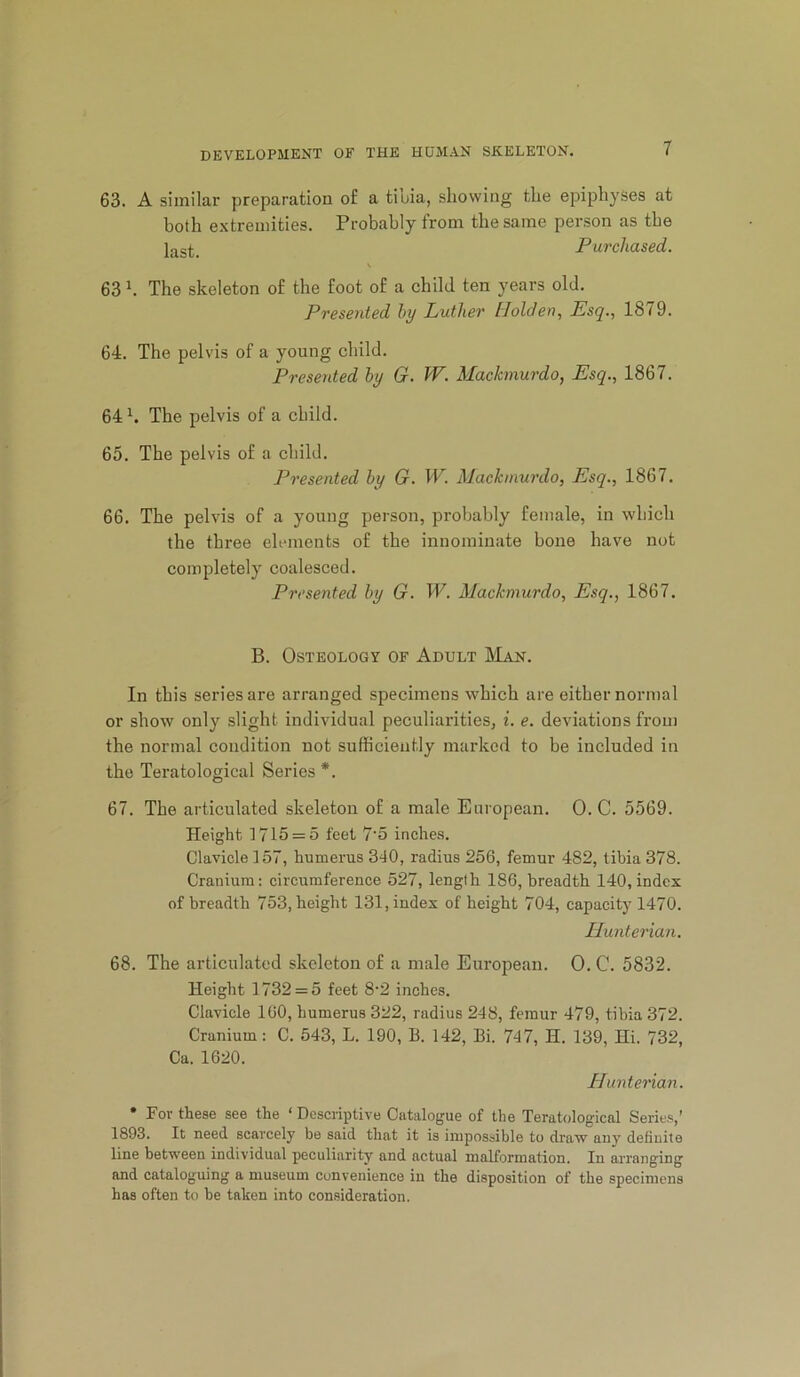 63. A similar preparation o£ a tiuia, showing the epiphyses at both e.xtremities. Probably from the same person as the last. Purchased. 63 h The skeleton of the foot of a child ten years old. Presented hy Luther Holden, Esq., 1879. 64. The pelvis of a young child. Presented hy G. W. Mackmurdo, Esq., 1867. 64 h The pelvis of a child. 65. The pelvis of a child. Presented hy G. IP. Mackmurdo, Esq., 1867. 66. The pelvis of a young person, probably female, in which the three elements of the innominate bone have not completely coalesced. Presented by G. W. Mackmurdo, Esq., 1867. B. Osteology of Adult ]\Ian. In this series are arranged specimens which are either normal or show only slight individual peculiarities, i. e. deviations from the normal condition not sufficiently marked to be included in the Teratological Series *. 67. The articulated skeleton of a male European. 0. C. 5569. Height 1715 = 5 feet 7'5 inches. Clavicle 157, humerus 310, radius 256, femur 482, tibia 378. Cranium: circumference 527, length 186, breadth 140,index of breadth 753, height 131, index of height 704, capacity 1470. Hunterian. 68. The articulated skeleton of a male European. 0. C. 5832. Height 1732 = 5 feet 8*2 inches. Clavicle 160, humerus 322, radius 248, femur 479, tibia 372. Cranium: C. 543, L. 190, B. 142, Bi. 747, H. 139, Hi. 732, Ca. 1620. Hunterian. • For these see the ‘ Descriptive Catalogue of the Teratological Serie.s,’ 1893. It need scarcely be said that it is impossible to draw any defiuite line between individual peculiarity and actual malformation. In arranging and cataloguing a museum convenience in the disposition of the specimens has often to be taken into consideration.