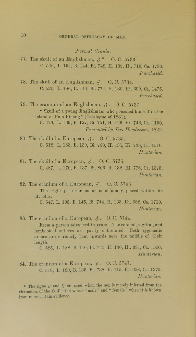 GENERAL OSTEOLOGY OF MAN. Normal Crania. 77. The skull of an Englishman, 0. C. 5733. C. 546, L. 194, B. 144, Bi. 742, H. 139, Hi. 716, Ca. 1780. Purchased. 78. The skull of an Englishman, (J . 0. C. 5734. C. 520, L. 186, B. 144, Bi. 774, H. 130, Hi. 699, Ca. 1475. Purchased. 79. The cranium of an Englishman, d'• O.C. 5737. “ Skull of a young Englishman, who poisoned himself in the Island of Pulo Pinang” (Catalogue of 1831). C. 473, L. 169, B. 127, Bi. 751, H. 126, Hi. 746, Ca. 1190. Presented by Dr. Henderson, 1822. 80. The skull of a European, $ . 0. C. 5735. C. 518, L. 183, B. 139, Bi. 760, H. 135, Hi. 738, Ca. 1510. Hunterian. 81. The skull of a European, ^ . 0. C. 5736. C. 487, L. 170, B. 137, Bi. 806, H. 132, Hi. 776, Ca. 1375. Hunterian. 82. The cranium of a European, ^. 0. C. 5743. The right posterior molar is obliquely plaeed within its alveolus. C. 547, L. 195, B. 145, Bi. 744, H. 133, Hi. 682, Ca. 1710. Hunterian. 83. The cranium of a European, ^ . O.C. 5744. From a person advanced in years. The coronal, sagittal, and lambdoidal sutures are partly obliterated. Both zygomatic arches are curiously bent inwar-ds near the middle of their length. C. 525, L. 188, B. 140, Bi. 745, H. 130, Hi. 691, Ca. 1500. Hunterian. 84. The cranium of a European, ? . 0. C. 5747. C. 518, L. 183, B. 135, Bi. 738, H. 115, Hi. 628, Ca. 1375. Hunterian. * The signs d and ? are used when the sex is merely infeiTcd from the characters of the skull; the words “ male ” and “ female ’’ when it is known from more certain evidence.