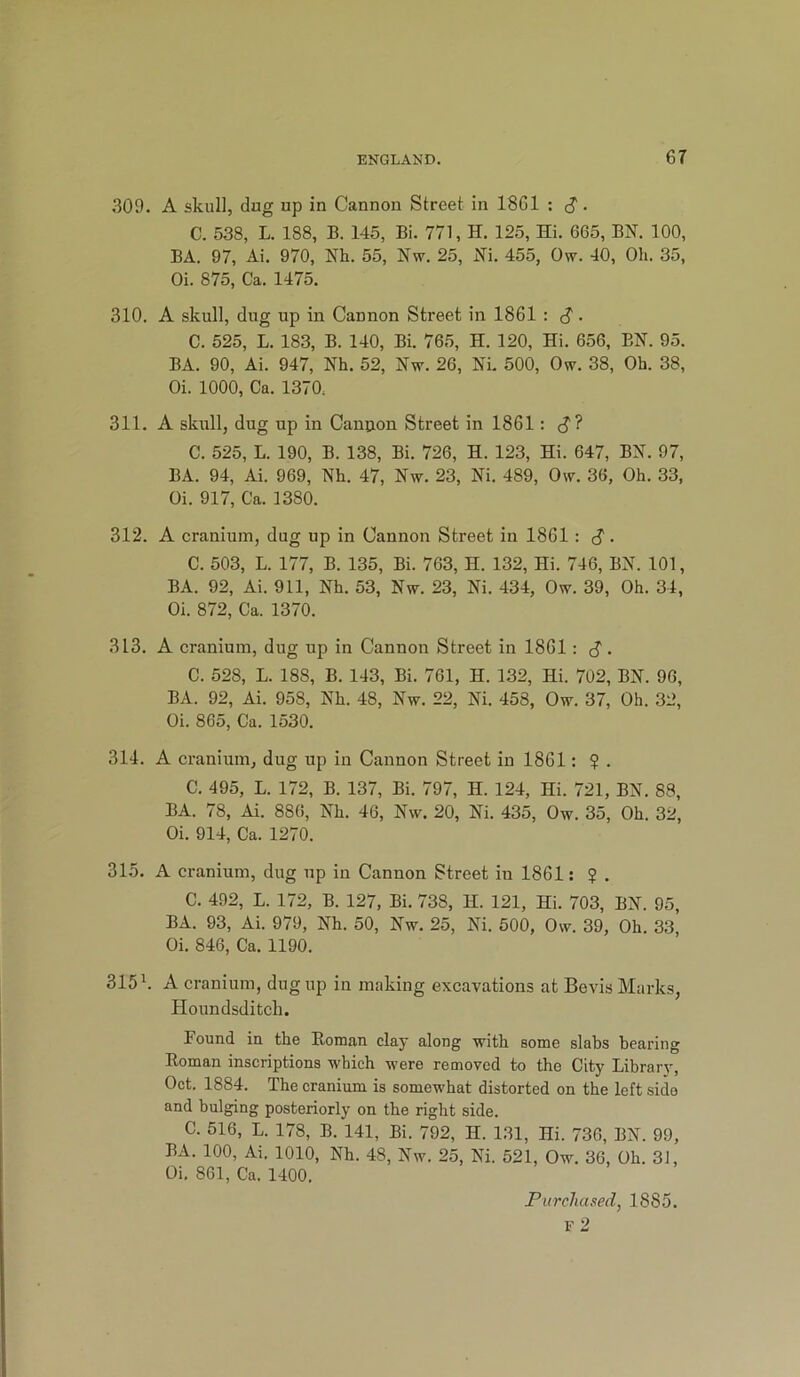 309. A skull, dug up in Cannon Street in 1861 ; S' • C. 538, L. 188, B. 145, Bi. 771, H. 125, Hi. 665, BN. 100, BA. 97, Ai. 970, Nh. 55, Nw. 25, Ni. 455, Ow. 40, Oh. 35, Oi. 875, Ca. 1475. 310. A skull, dug up in Cannon Street in 1861 : S - C. 525, L. 183, B. 140, Bi. 765, H. 120, Hi. 656, BN. 95. BA. 90, Ai. 947, Nh. 52, Nw. 26, Ni. 500, Ow. 38, Oh. 38, Oi. 1000, Ca. 1370. 311. A skull, dug up in Canjjon Street in 1861: (J? C. 525, L. 190, B. 138, Bi. 726, H. 123, Hi. 647, BN. 97, BA. 94, Ai. 969, Nh. 47, Nw. 23, Ni. 489, Ow. 36, Oh. 33, Oi. 917, Ca. 1380. 312. A cranium, dug up in Cannon Street in 1861: S • C. 503, L. 177, B. 135, Bi. 763, H. 132, Hi. 746, BN. 101, BA. 92, Ai. 911, Nh. 53, Nw. 23, Ni. 434, Ow. 39, Oh. 34, Oi. 872, Ca. 1370. 313. A cranium, dug up in Cannon Street in 1861: S • C. 528, L. 188, B. 143, Bi. 761, H. 132, Hi. 702, BN. 96, BA. 92, Ai. 958, Nh. 48, Nw. 22, Ni. 458, Ow. 37, Oh. 32, Oi. 865, Ca. 1530. 314. A cranium, dug up in Cannon Street in 1861: $ . C. 495, L. 172, B. 137, Bi. 797, H. 124, Hi. 721, BN. 88, BA. 78, Ai. 88(), Nh. 46, Nw. 20, Ni. 435, Ow. 35, Oh. 32, Oi. 914, Ca. 1270. 315. A cranium, dug up in Cannon Street in 1861: ? . C. 492, L. 172, B. 127, Bi. 738, H. 121, Hi. 703, BN. 95, BA. 93, Ai. 979, Nh. 50, Nw. 25, Ni. 500, Ow. 39, Oh. 33, Oi. 846, Ca. 1190. 315 k A cranium, dug up in making excavations at Bevis Marks, Houndsditch. Found in the Roman clay along with some slabs bearing Roman inscriptions which were removed to the City Library, Oct. 1884. The cranium is somewhat distorted on the left side and bulging posteriorly on the right side. C. 516, L. 178, B. 141, Bi. 792, H. 131, Hi. 736, BN. 99, BA. 100, Ai. 1010, Nh. 48, Nw. 25, Ni. 521, Ow. 36, Oh. 31, Oi. 861, Ca. 1400. Purchased, 1885.