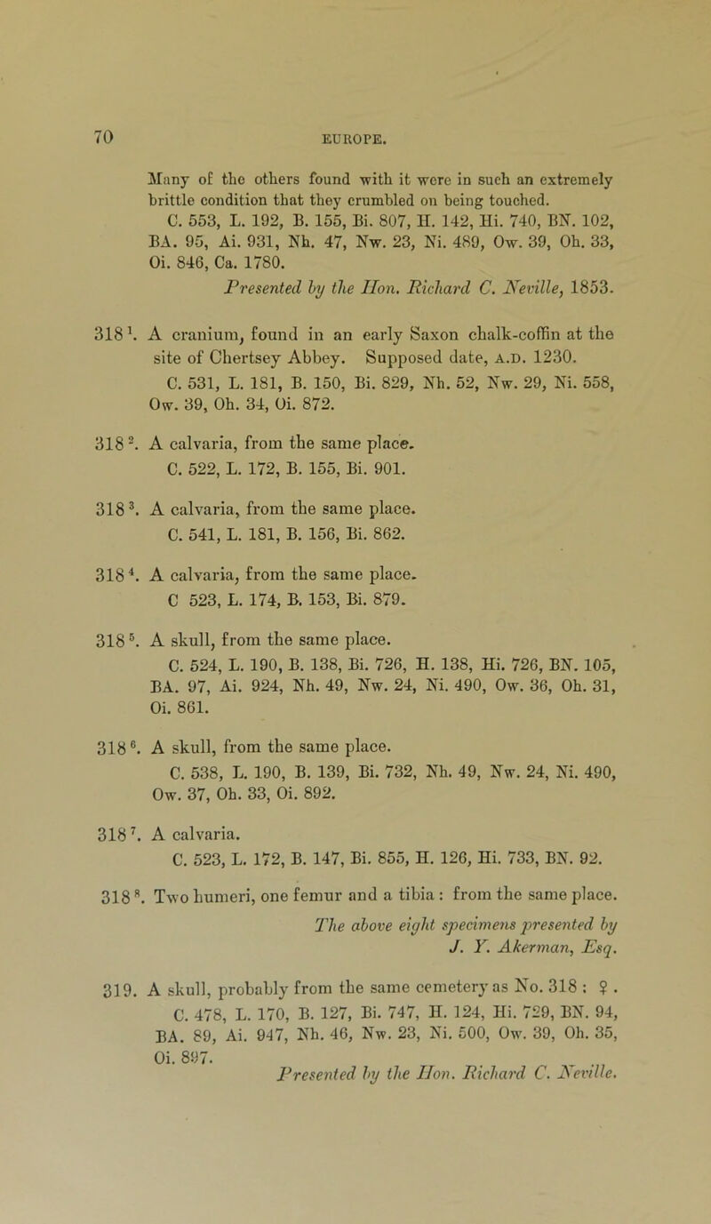 Jlany o£ the others found with it were in such an extremely brittle condition that they crumbled on being touched. C. 553, L. 192, B. 155, Bi. 807, H. 142, Hi. 740, BN. 102, BA. 95, Ai. 931, Nh. 47, Nw. 23, Ni. 489, Ow. 39, Oh. 33, Oi. 846, Ca. 1780. Presented hy the lion. Richard C. Neville, 1853. 318 h A cranium, found in an early Saxon chalk-coffin at the site of Chertsey Abbey. Supposed date, a.d. 1230. C. 531, L. 181, B. 150, Bi. 829, Nh. 52, Nw. 29, Ni. 558, Ow. 39, Oh. 34, Oi. 872. 318'. A calvaria, from the same place. C. 522, L. 172, B. 155, Bi. 901. 318 A calvaria, from the same place. C. 541, L. 181, B. 156, Bi. 862. 318^. A calvaria, from the same place. C 523, L. 174, B. 153, Bi. 879. 318 ®. A skull, from the same place. C. 524, L. 190, B. 138, Bi. 726, H. 138, Hi. 726, BN. 105, BA. 97, Ai. 924, Nh. 49, Nw. 24, Ni. 490, Ow. 36, Oh. 31, Oi. 861. 318®. A skull, from the same place. C. 538, L. 190, B. 139, Bi. 732, Nh. 49, Nw. 24, Ni. 490, Ow. 37, Oh. 33, Oi. 892. 318 A calvaria. C. 523, L. 172, B. 147, Bi. 855, H. 126, Hi. 733, BN. 92. 318 ®. Two humeri, one femur and a tibia : from the same place. The above eight specimens presented hy J. Y. Akerman, Esq. 319. A skull, probably from the same cemetery as No. 318 : ? . C. 478, L. 170, B. 127, Bi. 747, H. 124, Hi. 729, BN. 94, BA. 89, Ai. 947, Nh. 46, Nw. 23, Ni. 500, Ow. 39, Oh. 35, Oi. 897. Presented hy the lion. Richard C. Neville.